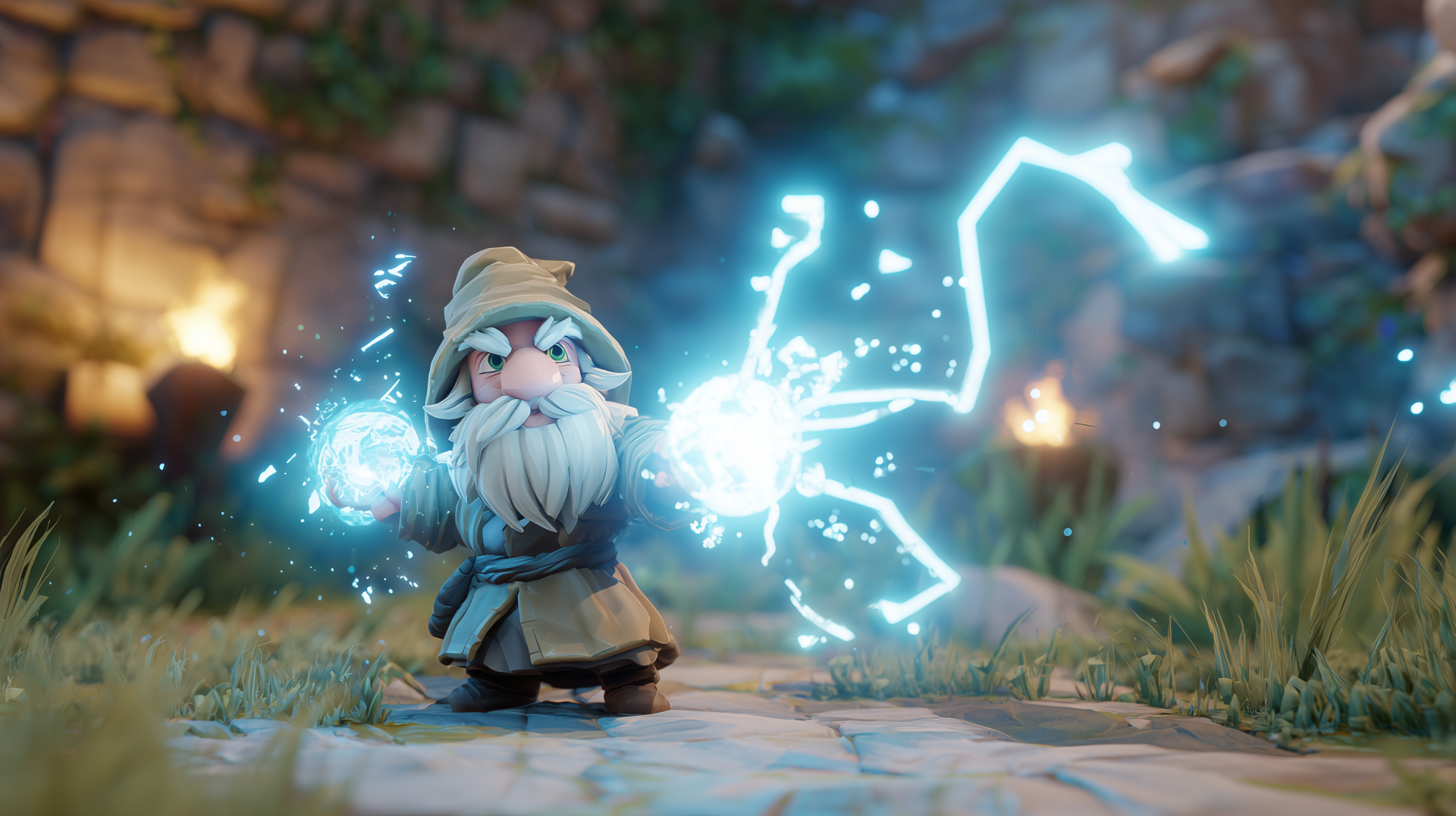 HD PC desktop wallpaper showing a 3D RPG gnome wizard unleashing a crackling blue lightning spell in a torch-lit stone courtyard background.