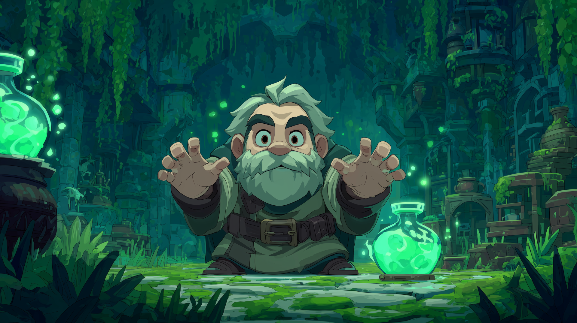 Cartoon green HD PC desktop wallpaper of a bearded mage casting Healing Magic over a glowing potion in a mossy cave laboratory.