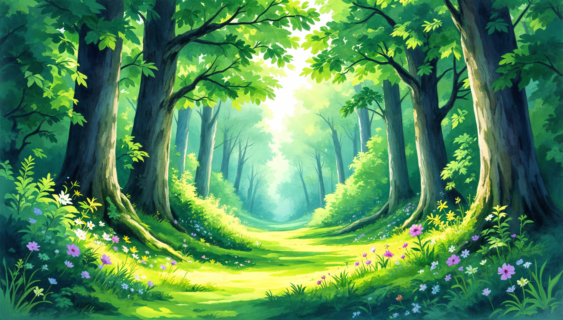 Lush green forest pathway bathed in dappled sunlight, vibrant foliage and wildflowers — green aesthetic 4K Ultra HD PC desktop wallpaper and background.