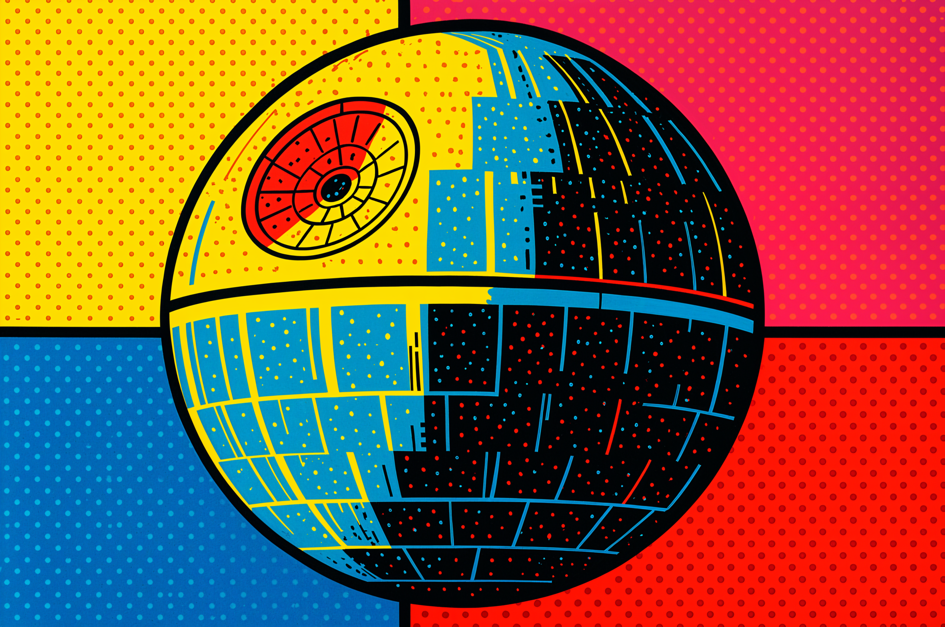 Pop-art Death Star rendered in halftone dots across bold yellow, blue and red panels, vibrant 4K Ultra HD PC desktop wallpaper and background.
