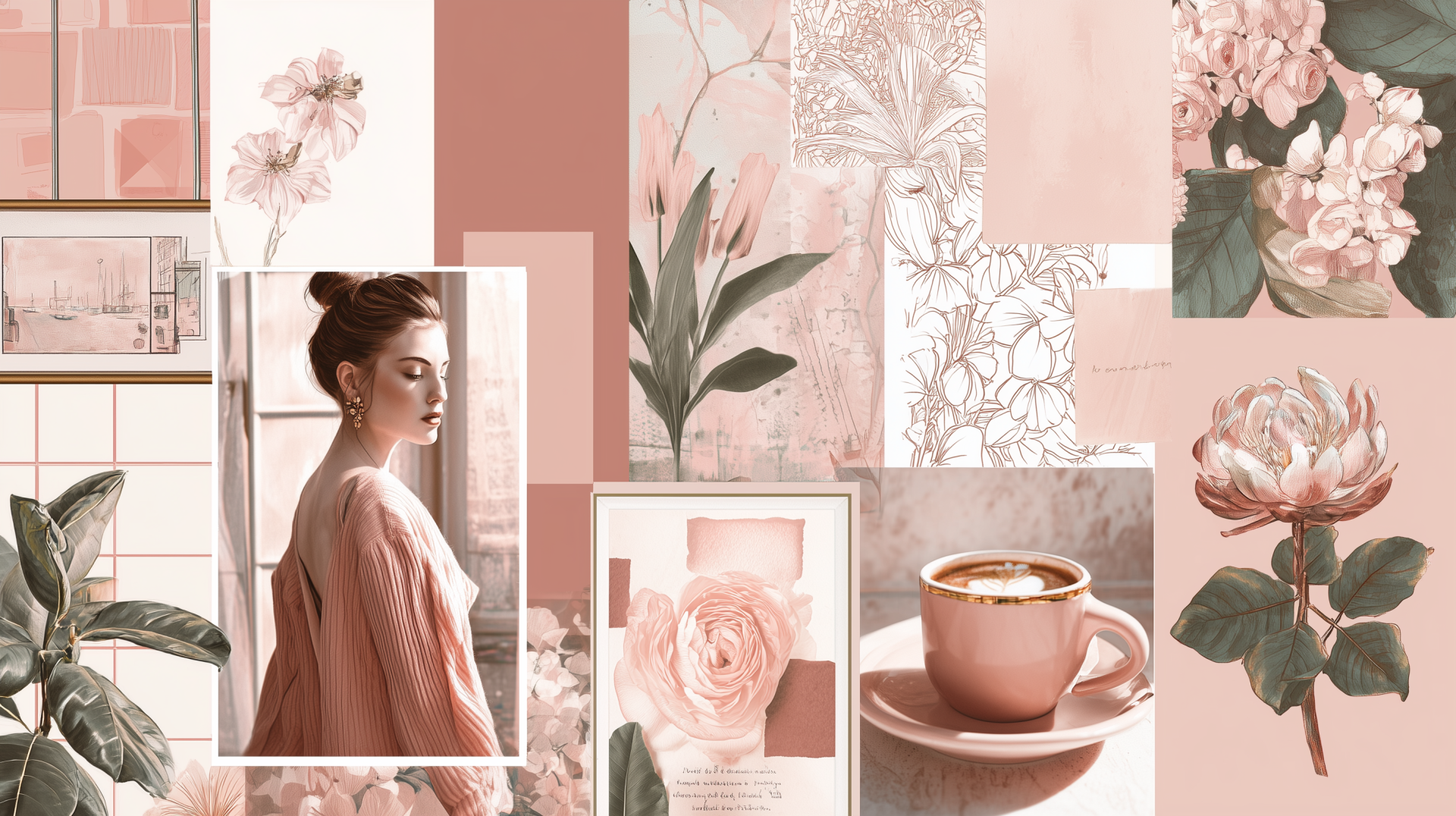 Pastel-pink aesthetic collage of flowers, floral sketches, a woman in profile, a rose photo and a coffee cup — HD PC desktop wallpaper/background.