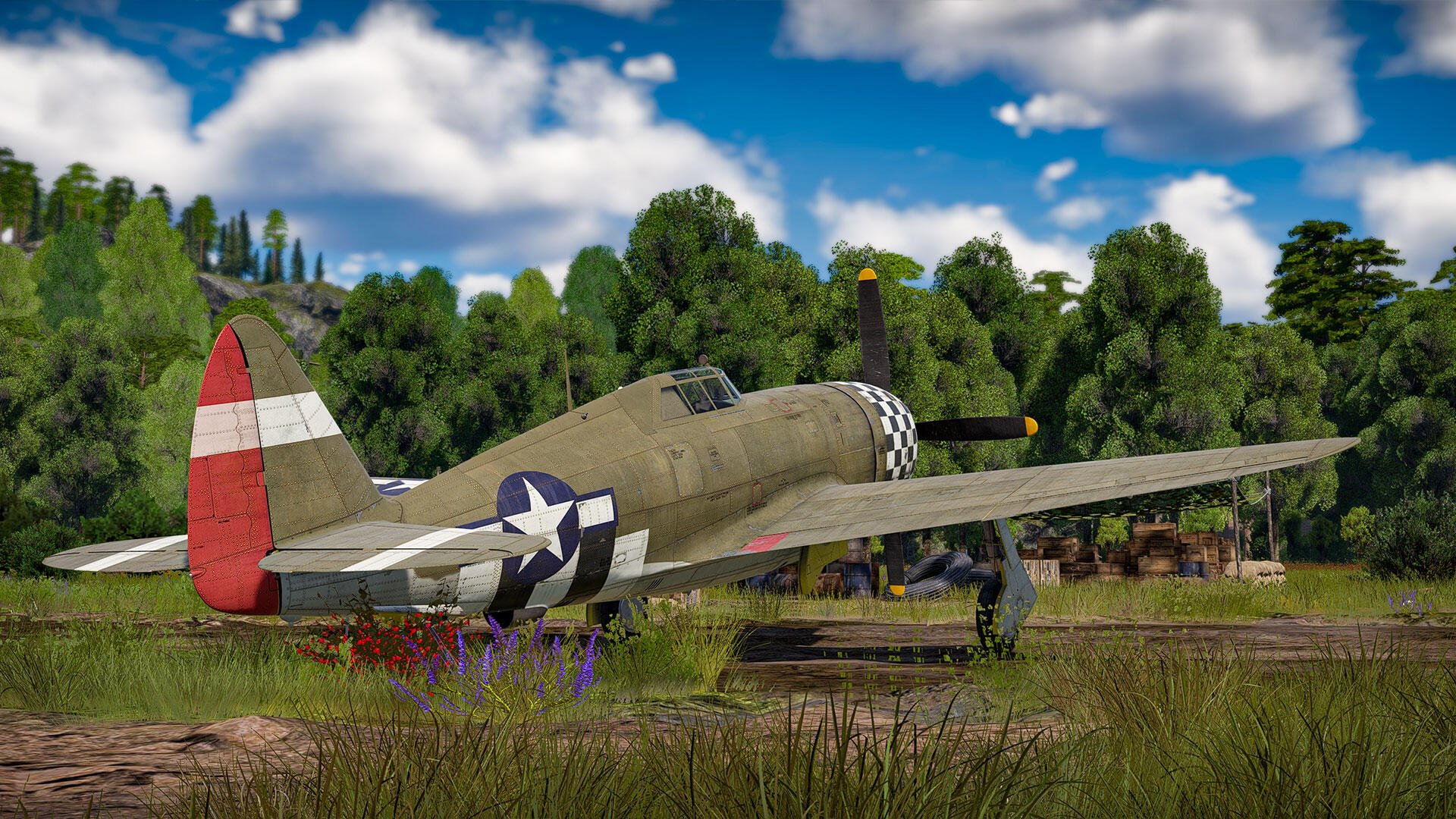 HD PC desktop wallpaper from the video game Aces of Thunder: Republic P-47 Thunderbolt parked on a grassy airfield under blue sky with scattered clouds.