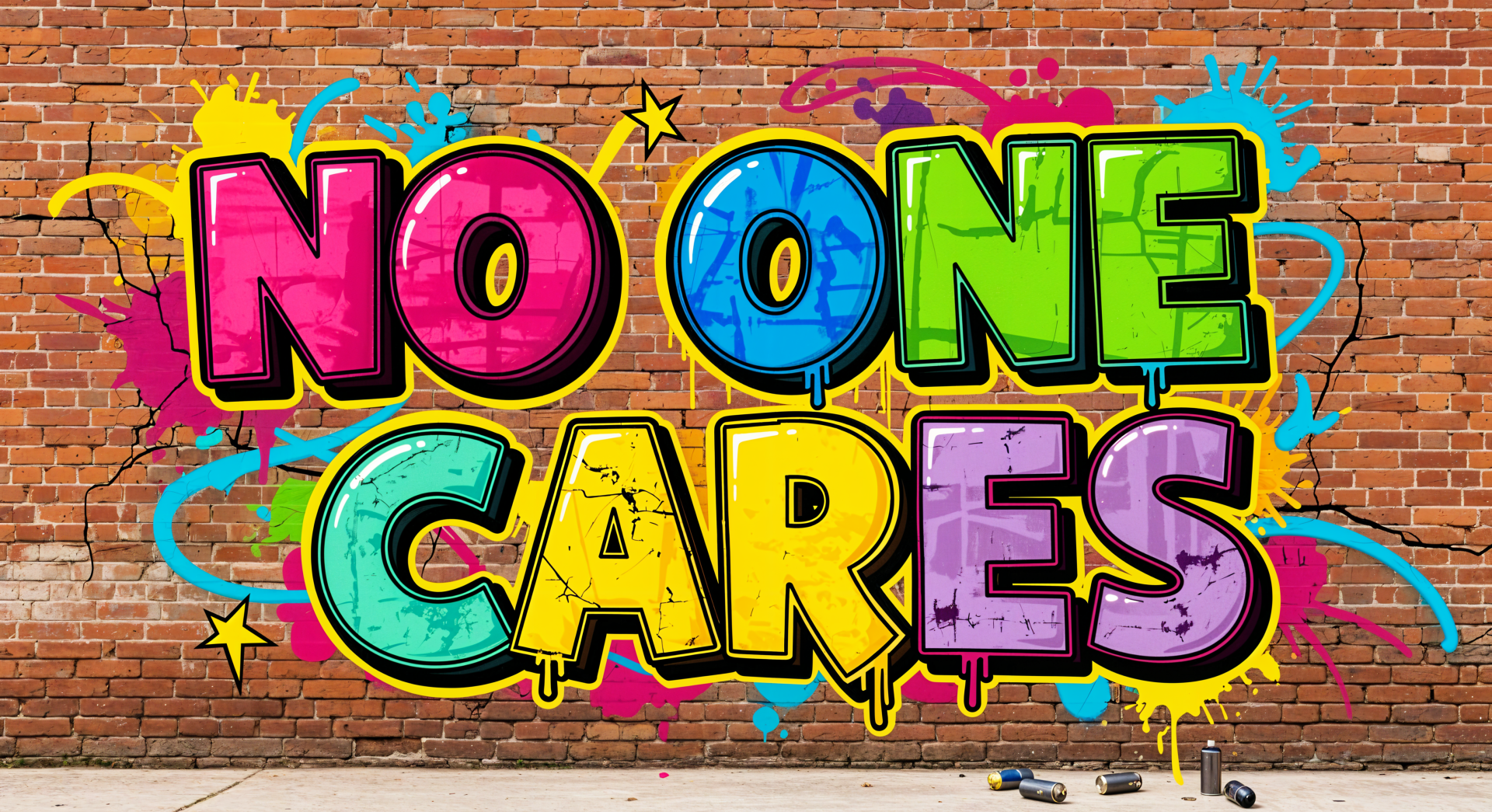 Bold graffiti NO ONE CARES on a brick wall with colorful splatters and drips, presented as a 4K Ultra HD PC desktop wallpaper and background.