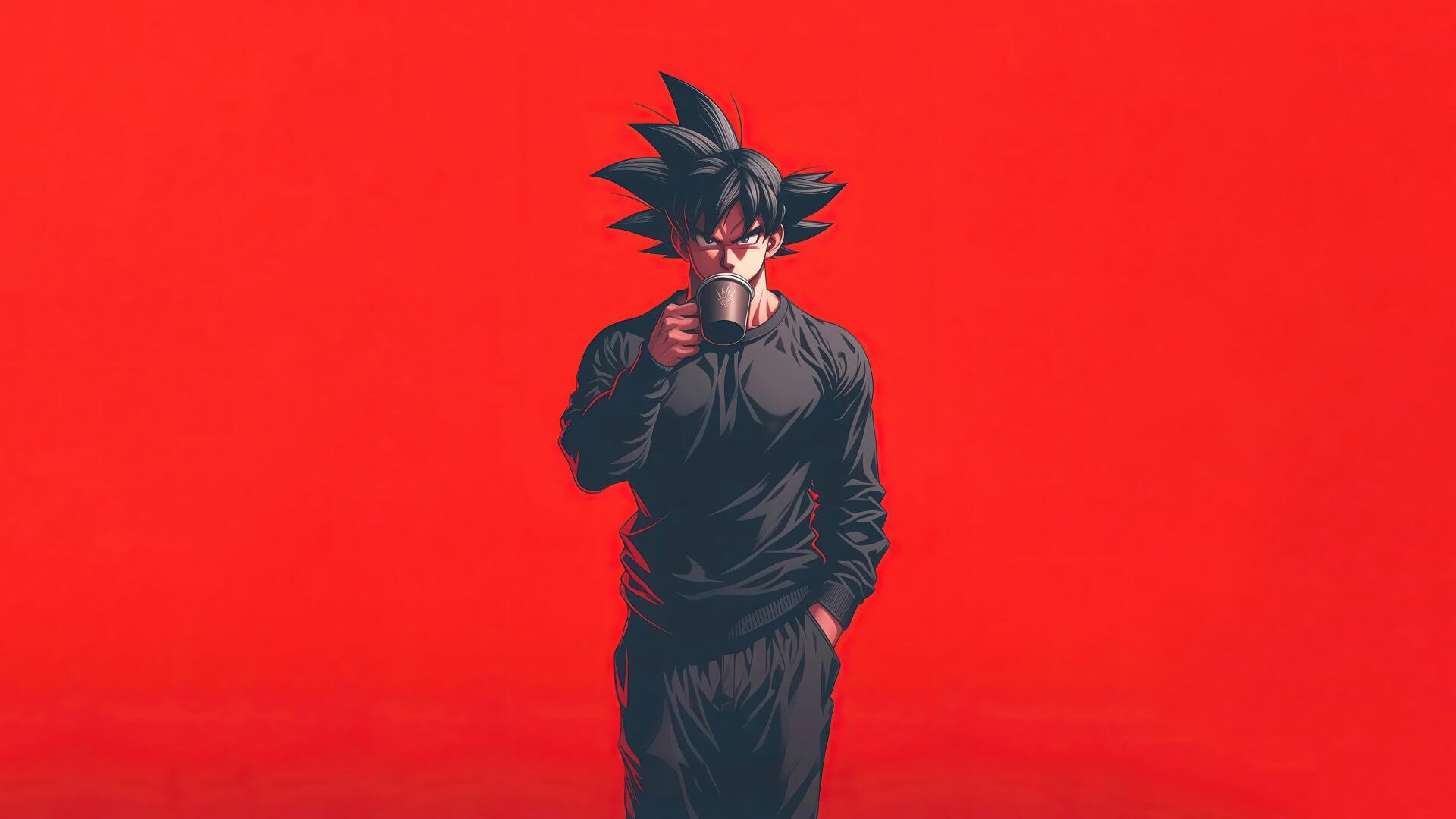 4K Ultra HD PC desktop wallpaper: Goku (Dragon Ball Super) anime portrait in black outfit standing against a bold red background.