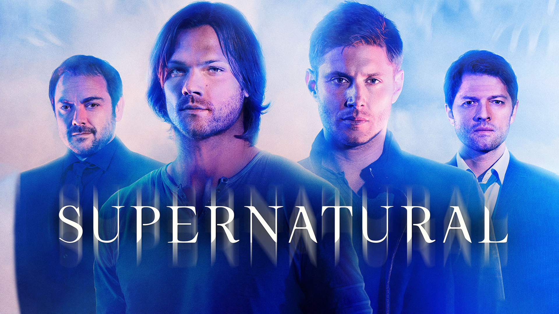 4K Ultra HD PC wallpaper: four brooding characters from the TV show Supernatural bathed in blue light with the word SUPERNATURAL centered.