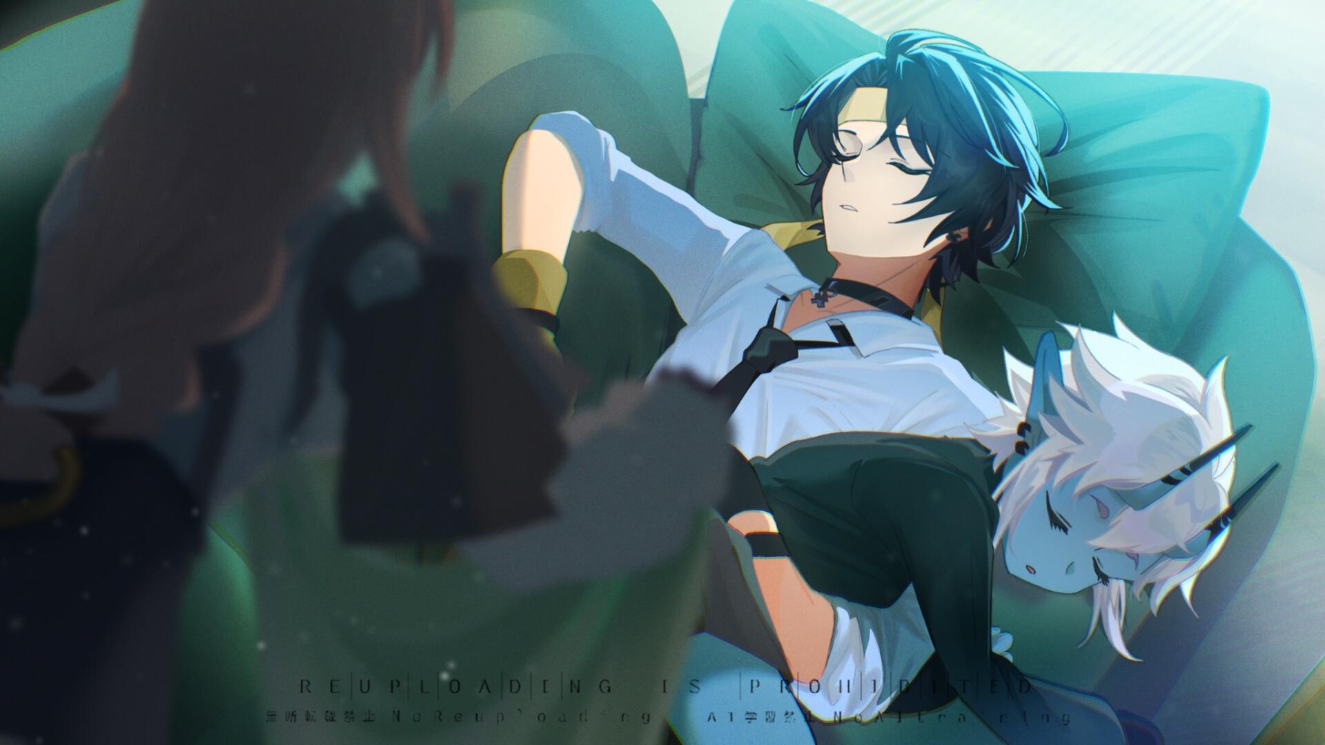 HD PC desktop wallpaper of Yanagi and Soukaku from Zenless Zone Zero: Yanagi reclining on a couch with teal cushions, Soukaku asleep beside them in soft, warm lighting.