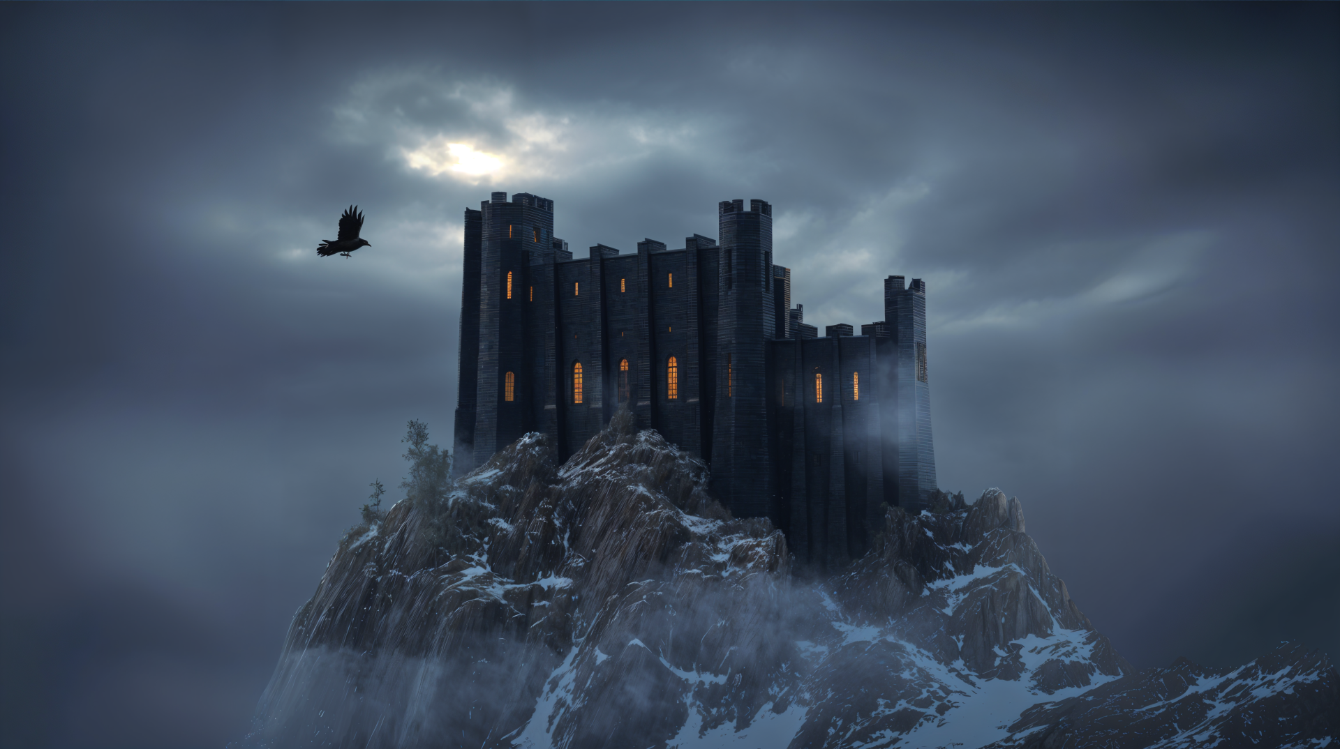4K Ultra HD PC desktop wallpaper and background: a dark fortress perched on a snowy cliff under stormy skies, warm lights in its windows and a lone bird circling.