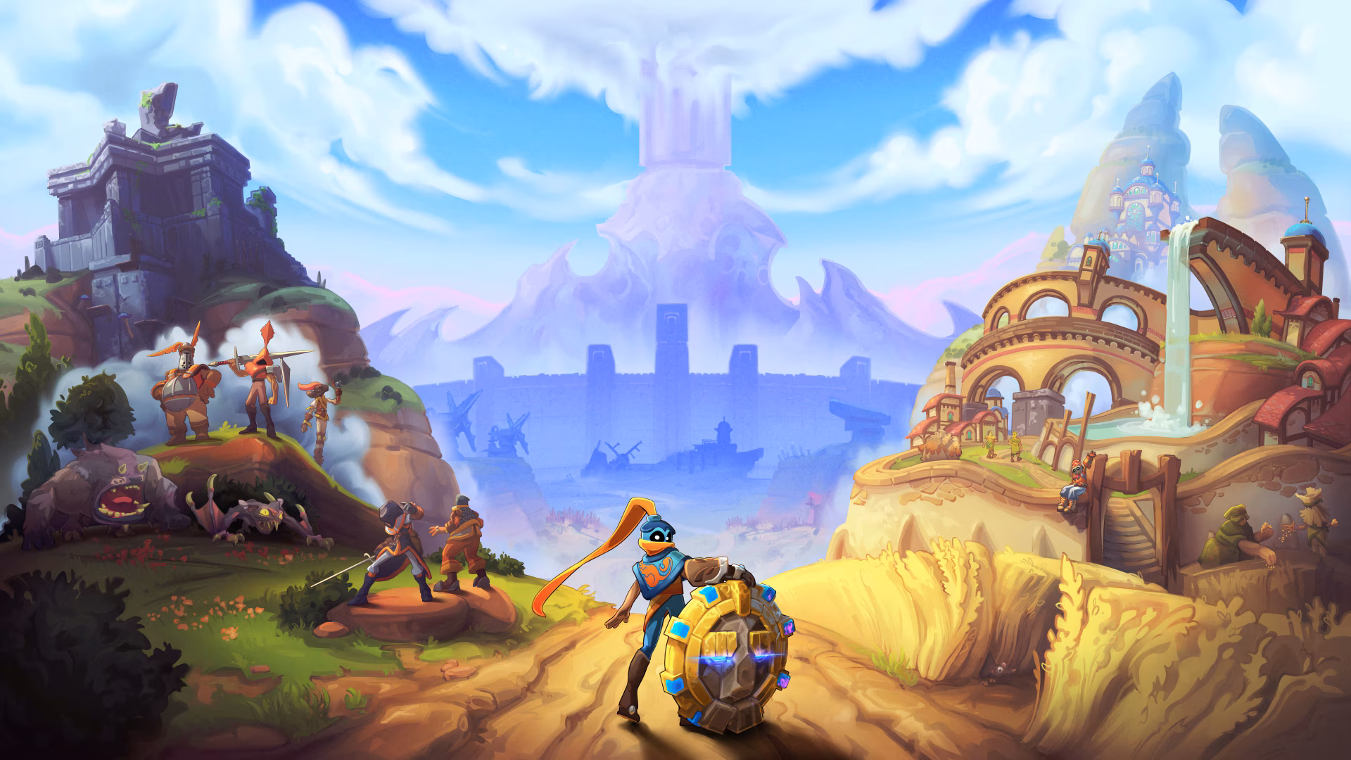 Vibrant gaming art from the video game The Knightling: a heroic knight and shield-bearer walk a sunlit road toward a distant castle, rendered as a 4K Ultra HD PC desktop wallpaper and background.