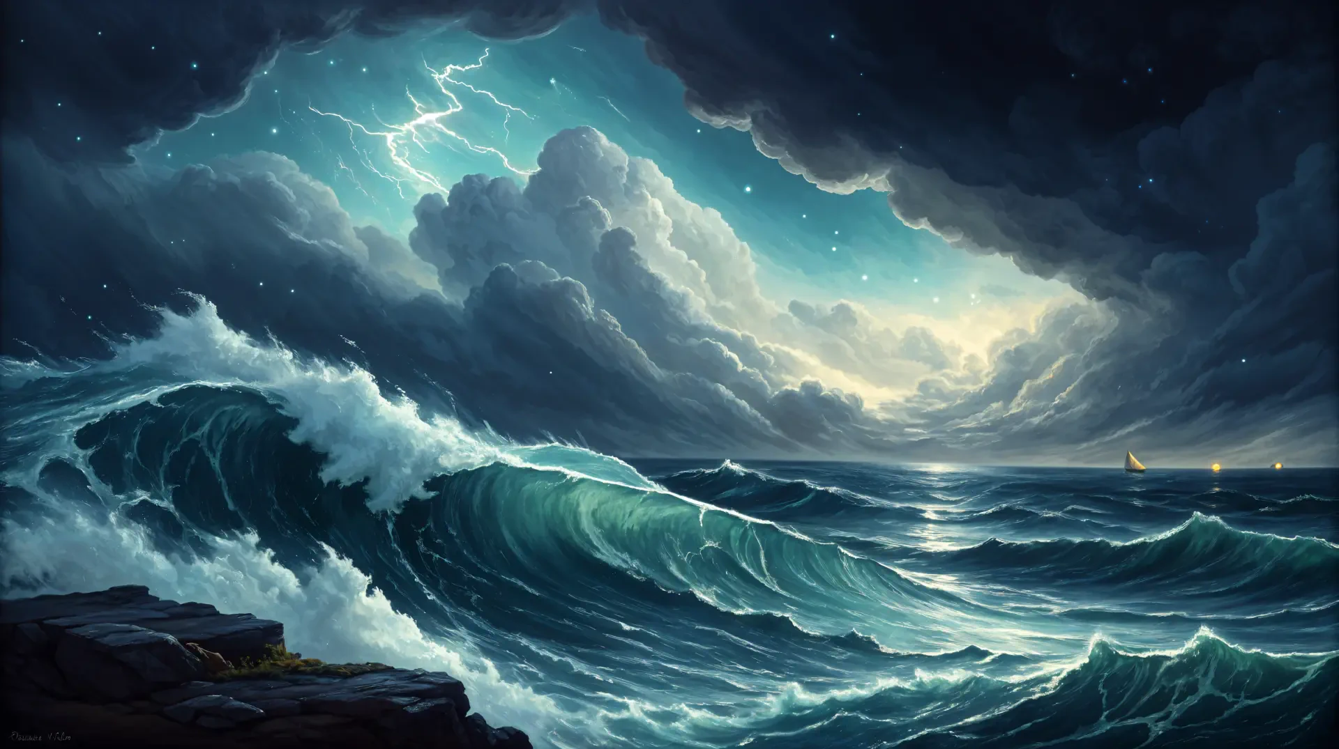 4K Ultra HD PC desktop wallpaper: stormy sea with towering waves, churning foam, lightning-lit clouds and distant sailboats.