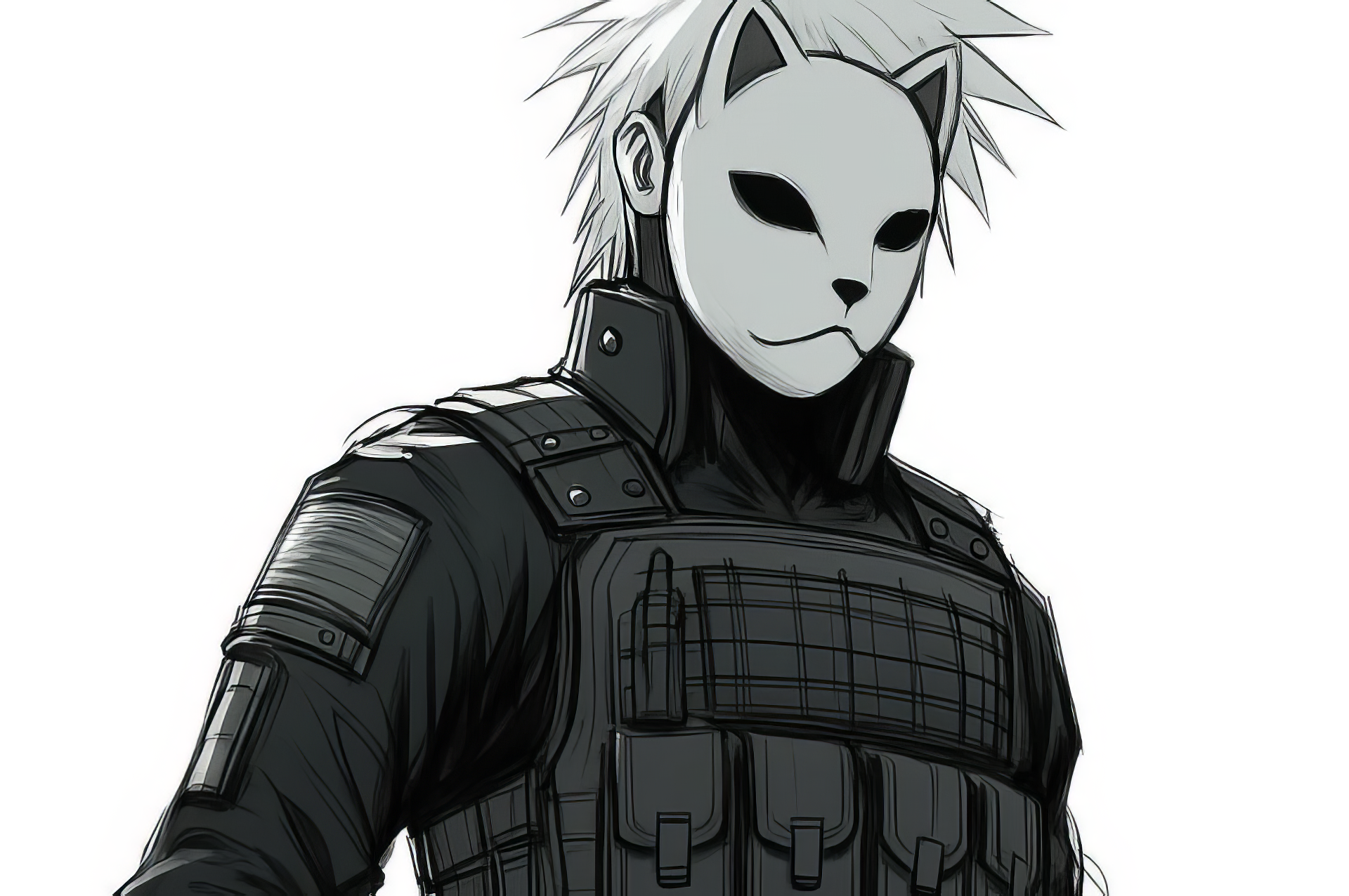 Black-and-white HD PC wallpaper of Naruto's Kakashi Hatake in ANBU uniform, wearing a fox mask and tactical vest, spiky hair and stark background.