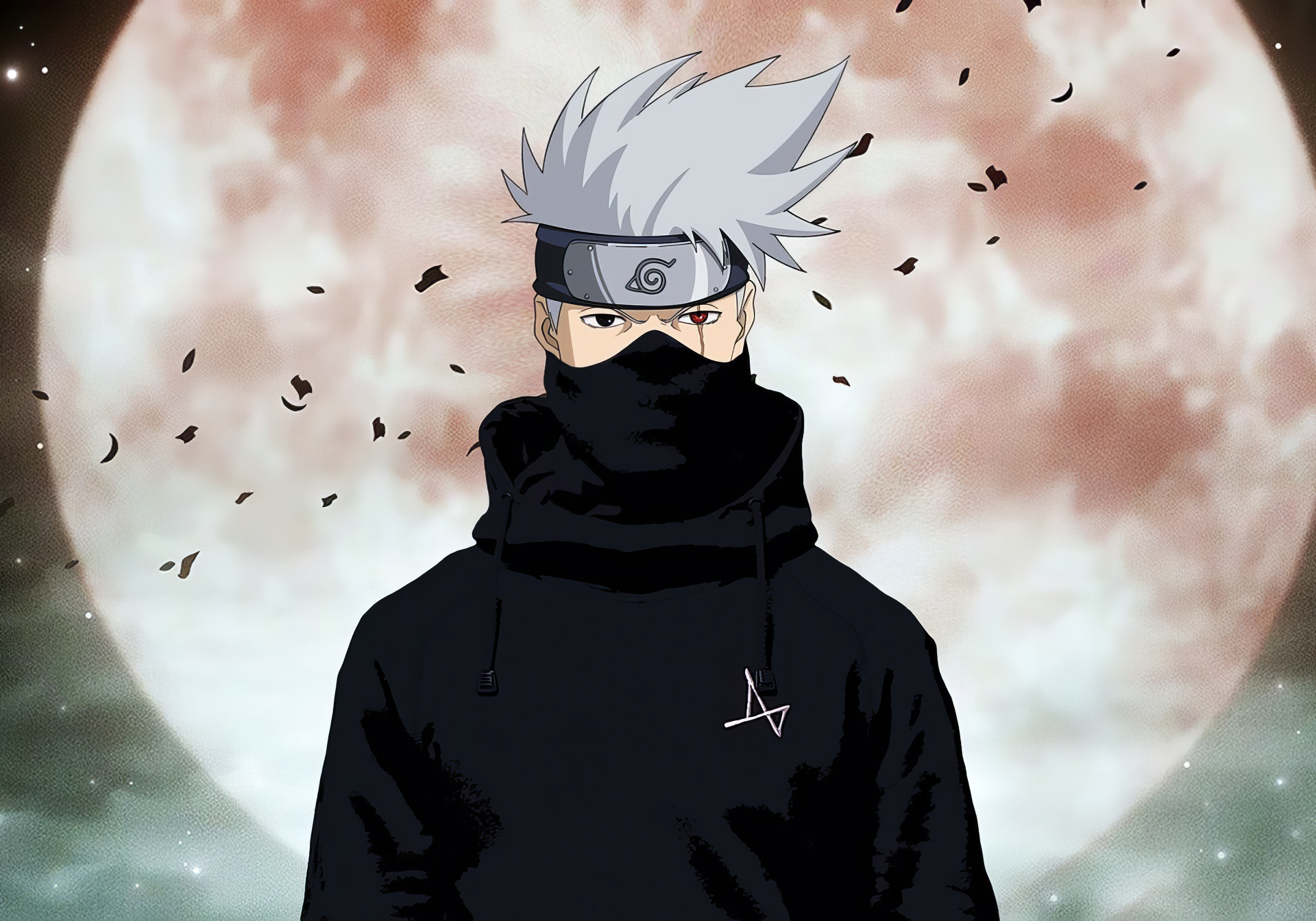 Anime HD PC wallpaper: Kakashi Hatake from Naruto in a black drip hoodie and mask, silhouetted against a large full moon with falling petals.