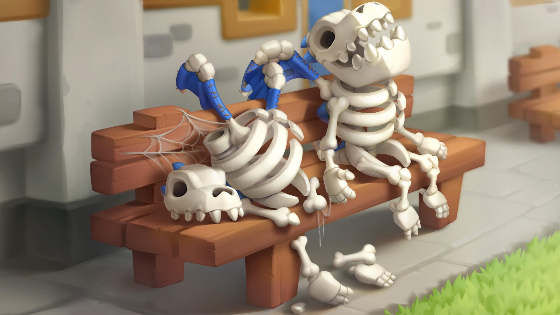 HD PC desktop wallpaper of Clash Royale mobile game featuring cartoon skeletons and a small skeleton dragon lounging on a bench by a castle wall.