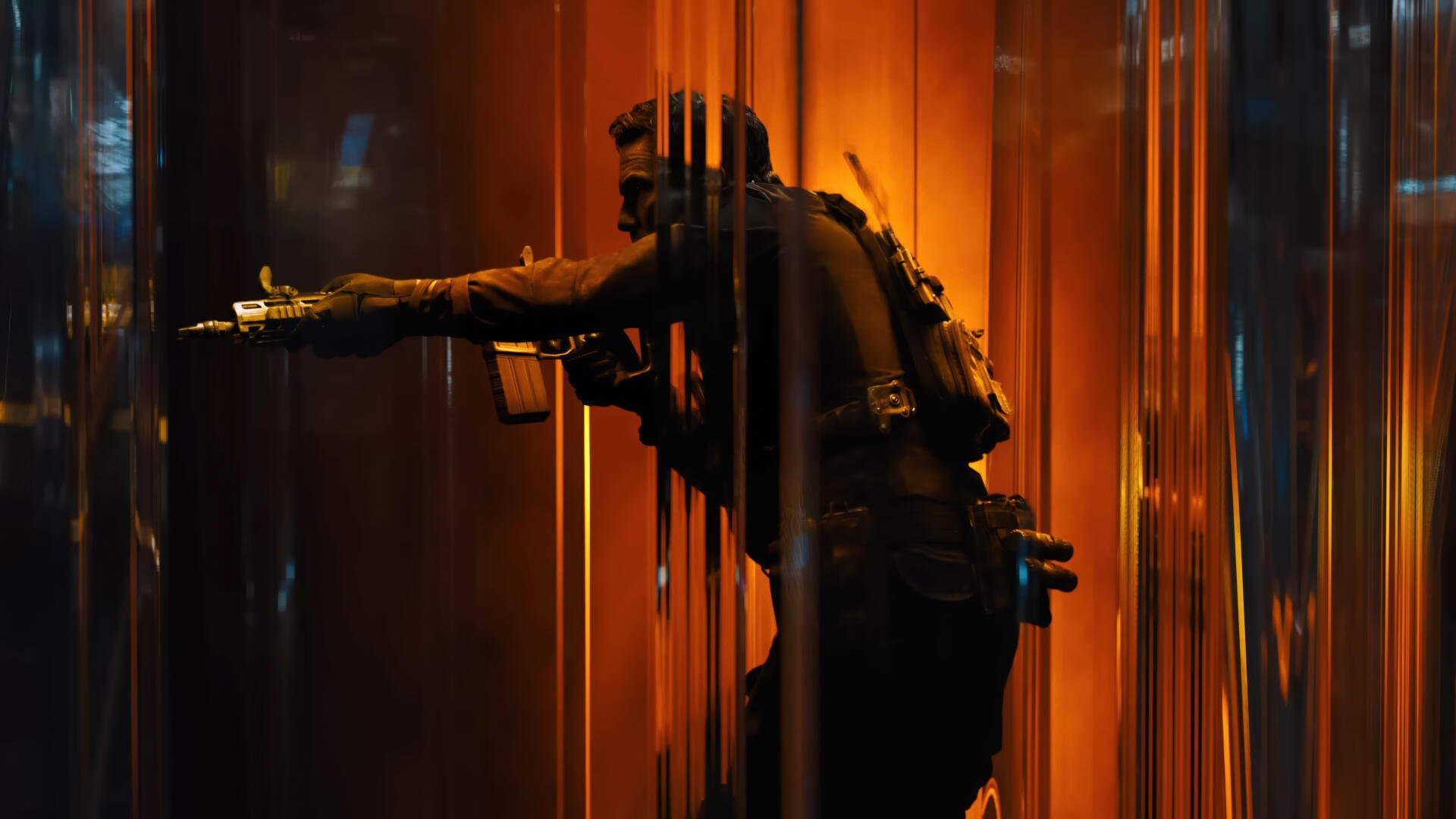 Silhouetted soldier aiming a rifle through vertical glowing panels in fiery orange, Call of Duty: Black Ops 7 4K Ultra HD PC desktop wallpaper.