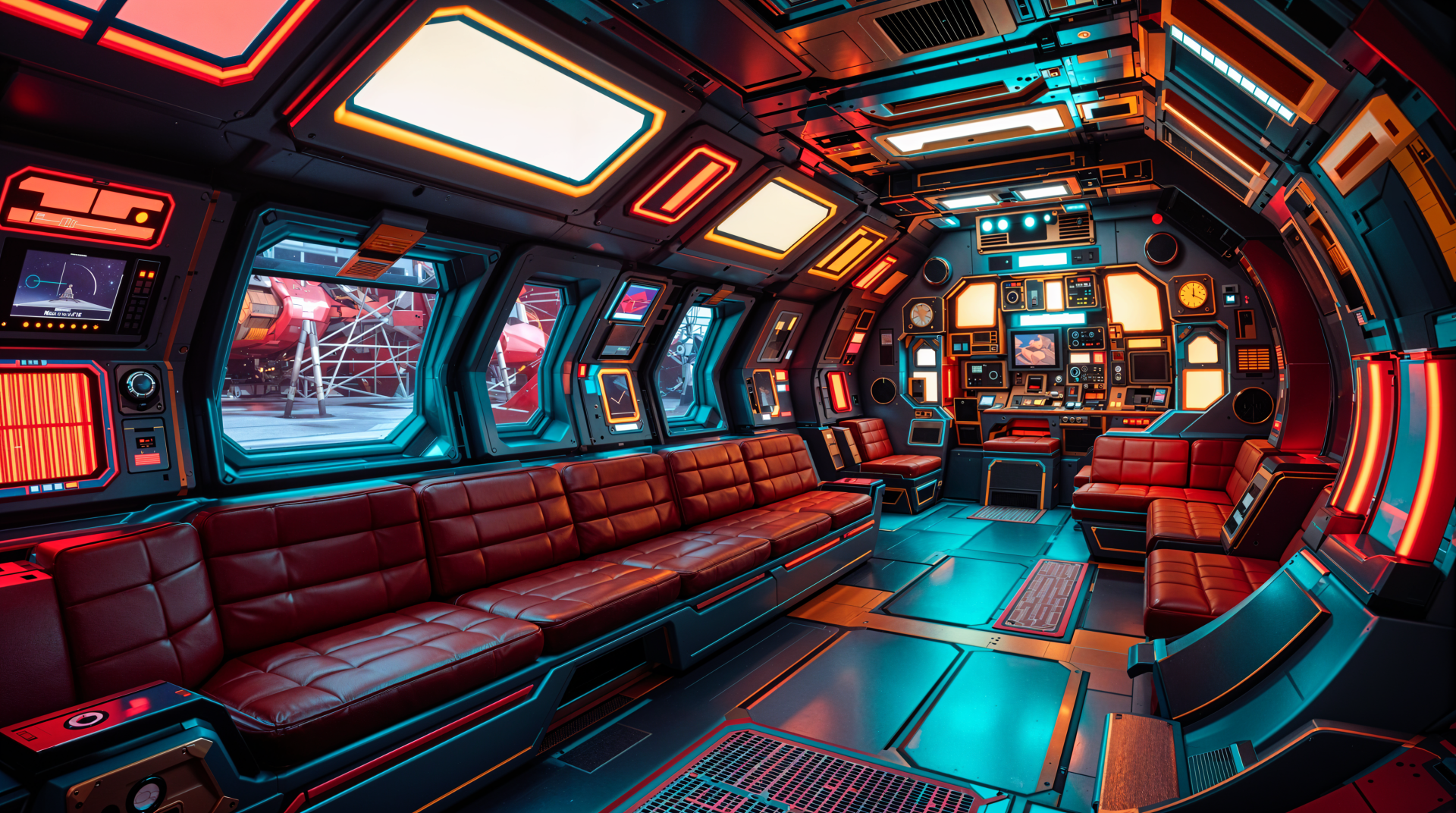 4K Ultra HD PC desktop wallpaper and background — futuristic spaceship interior: curved cabin with red leather benches, glowing control consoles and panoramic windows revealing deep space.