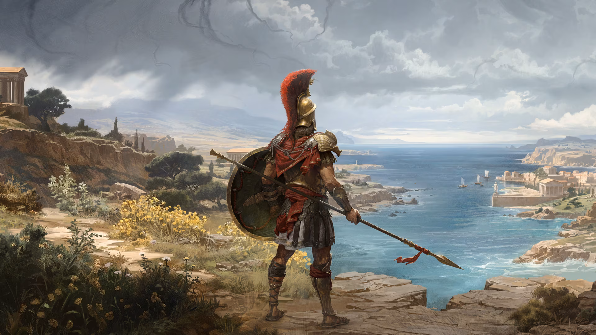 4K Ultra HD PC desktop wallpaper: a Spartan warrior from the video game Titan Quest II stands on a cliff, spear and shield in hand, gazing over a sunlit Mediterranean coastal city.