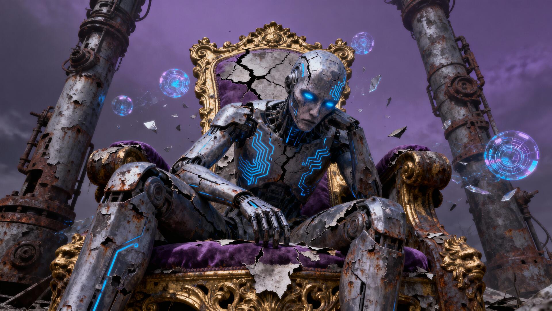 4K Ultra HD sci-fi PC wallpaper: battle-scarred robot with glowing blue eyes and circuitry slumps on a cracked gilded throne amid floating holographic spheres.
