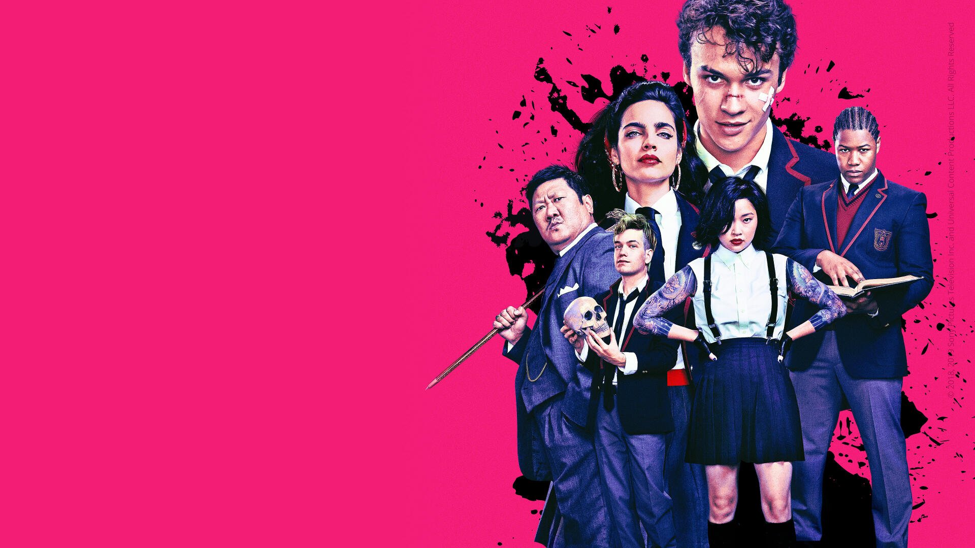 Deadly Class TV show 4K Ultra HD PC desktop wallpaper: group of students in dark uniforms holding weapons against a vivid pink background.