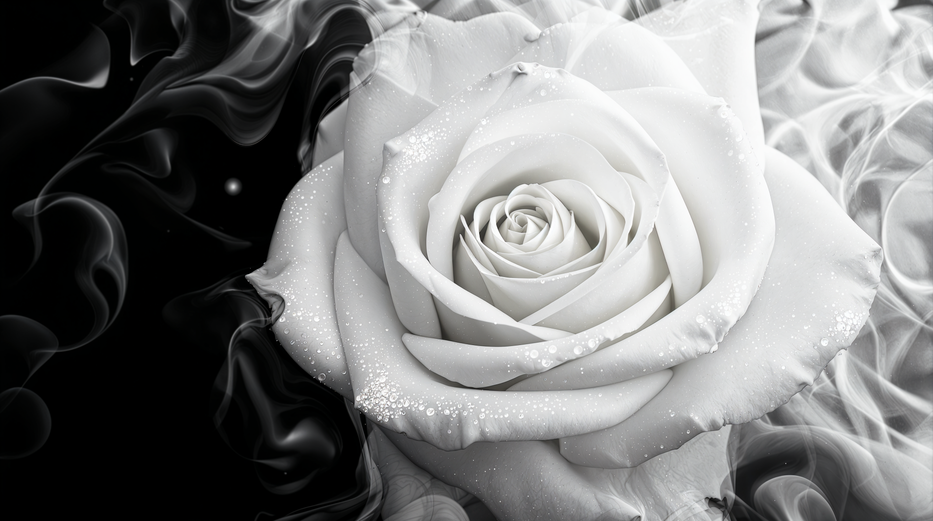 Close-up white rose with dew drops against swirling black smoke, high-contrast 4K Ultra HD PC desktop wallpaper background.