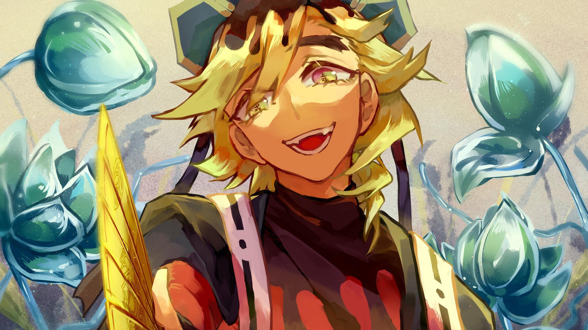 4K Ultra HD PC desktop wallpaper background of Doma from Demon Slayer: Kimetsu no Yaiba, grinning with golden hair and glassy blue flower-like droplets floating around him.