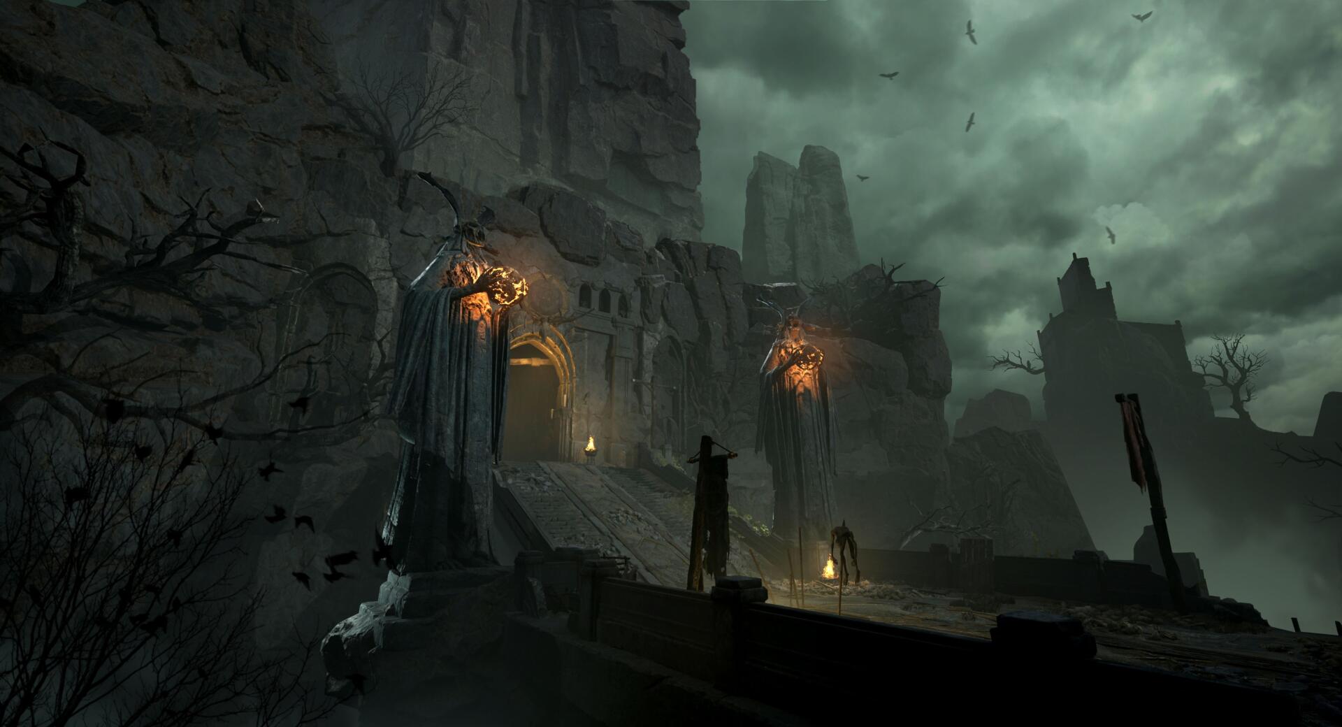 4K Ultra HD PC desktop wallpaper/background of Mistfall Hunter (video game): a lone hunter approaches a torch-lit, bat-haunted fortress beneath green storm clouds and swirling mist.