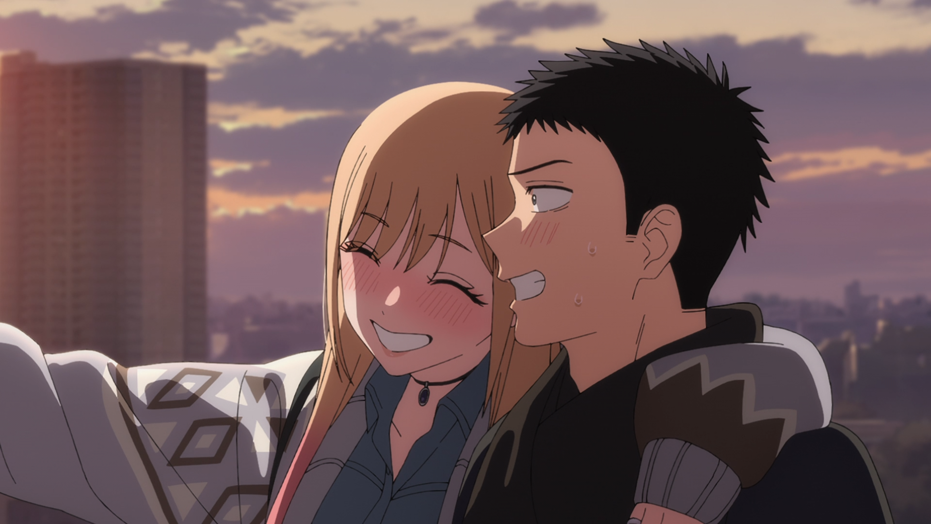 HD PC desktop wallpaper: Marin Kitagawa and Wakana Gojo from the anime My Dress-Up Darling share a warm, laughing moment on a rooftop at sunset with a city skyline behind them.