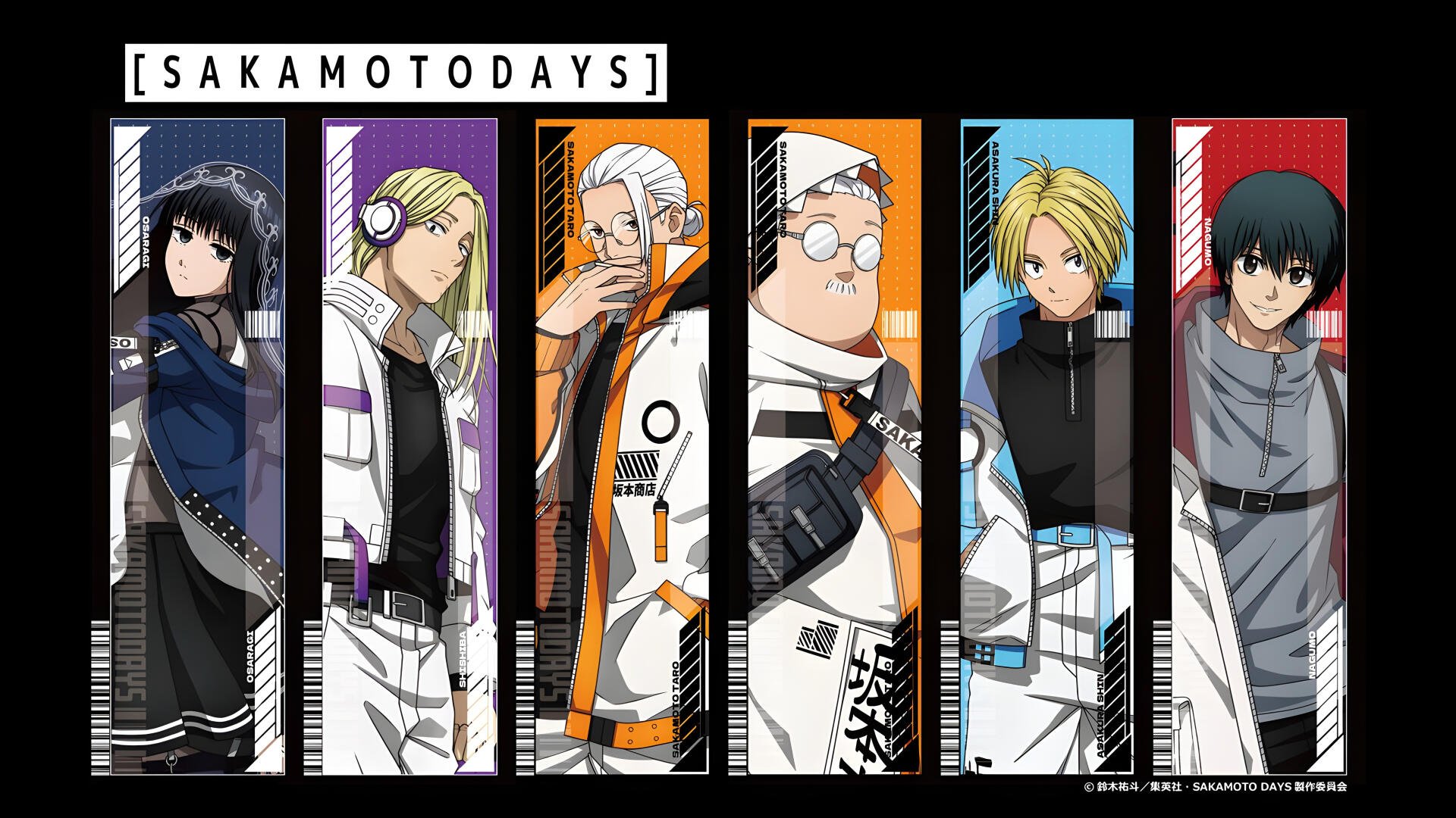 Sakamoto Days 4K Ultra HD PC desktop wallpaper showing six anime characters in vertical colored panels, each striking a pose in modern outfits against a black, tech-styled background.