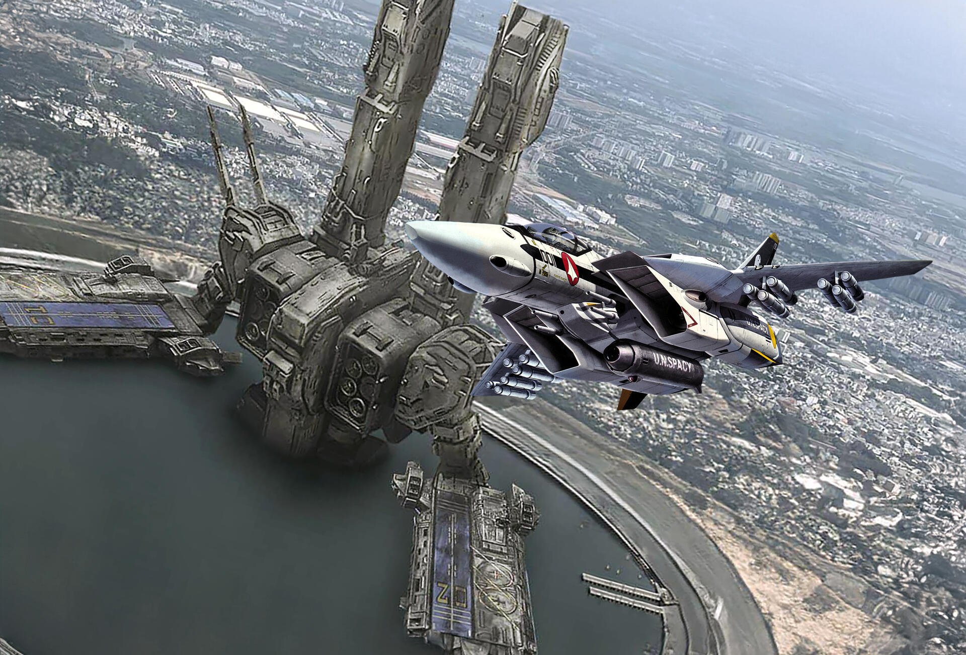 4K Ultra HD PC desktop wallpaper background: Robotech/Macross fighter jet flies past a colossal orbital fortress over a sprawling coastal city.