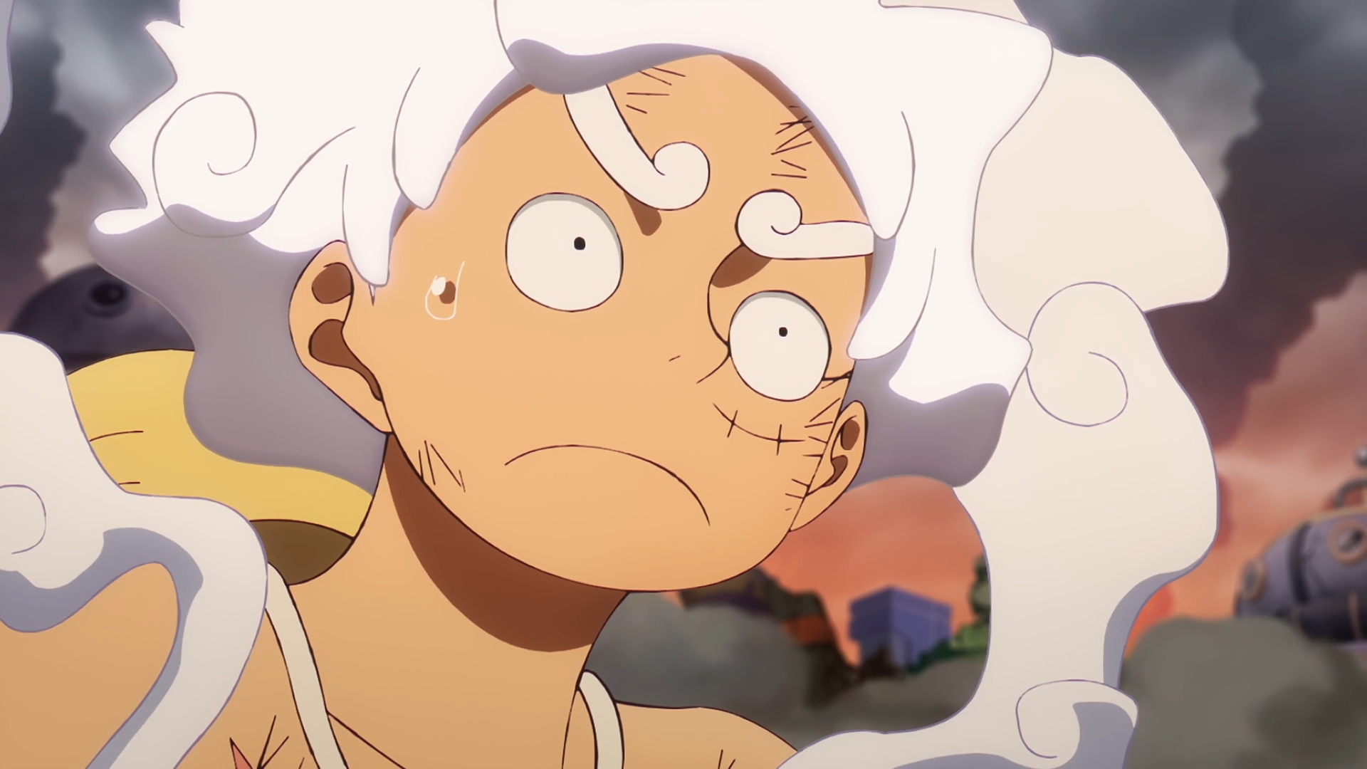 Anime HD PC desktop wallpaper: One Piece's Monkey D. Luffy in Gear 5 with wild white steam-like hair, wide-eyed shocked expression against a dusky sky background.