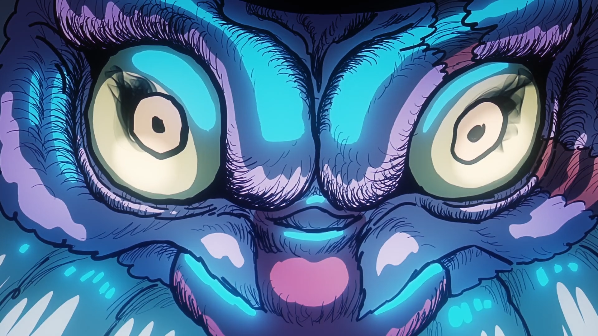 Close-up of a menacing blue monster face with bulging eyes in One Piece anime style — HD PC desktop wallpaper/background by Jaygarcia Saturn.