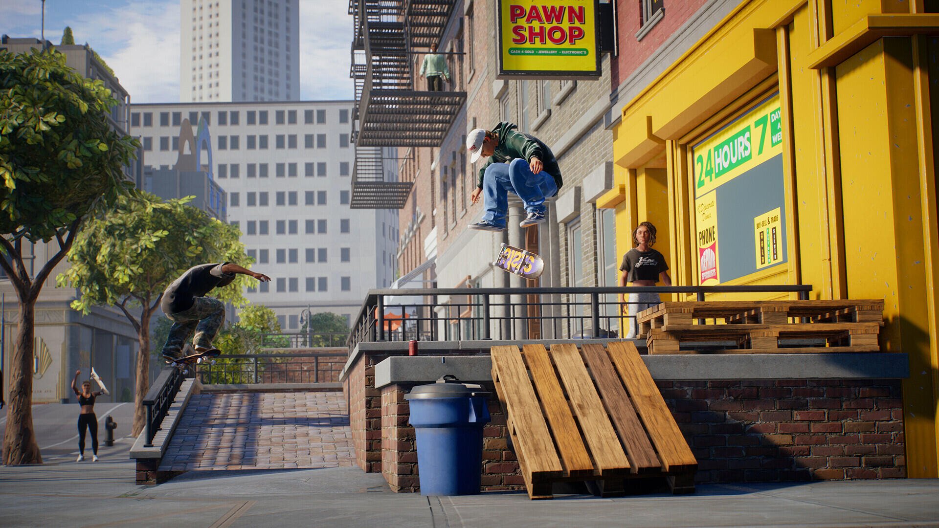 HD PC desktop wallpaper/background from Skate (Game): skateboarder lands a trick off a wooden ramp in a sunlit urban gaming environment near a pawn shop.