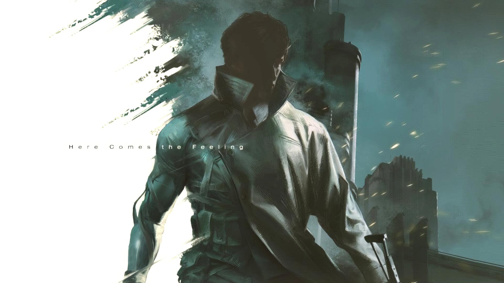 HD PC desktop wallpaper/background: Physint video game image of a masked trench-coat figure amid teal brushstrokes and a ruined city skyline.