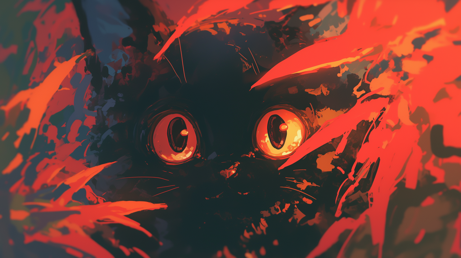 HD PC desktop wallpaper: anime-style AI art of a black cat with wide glowing orange eyes peering through fiery red foliage.
