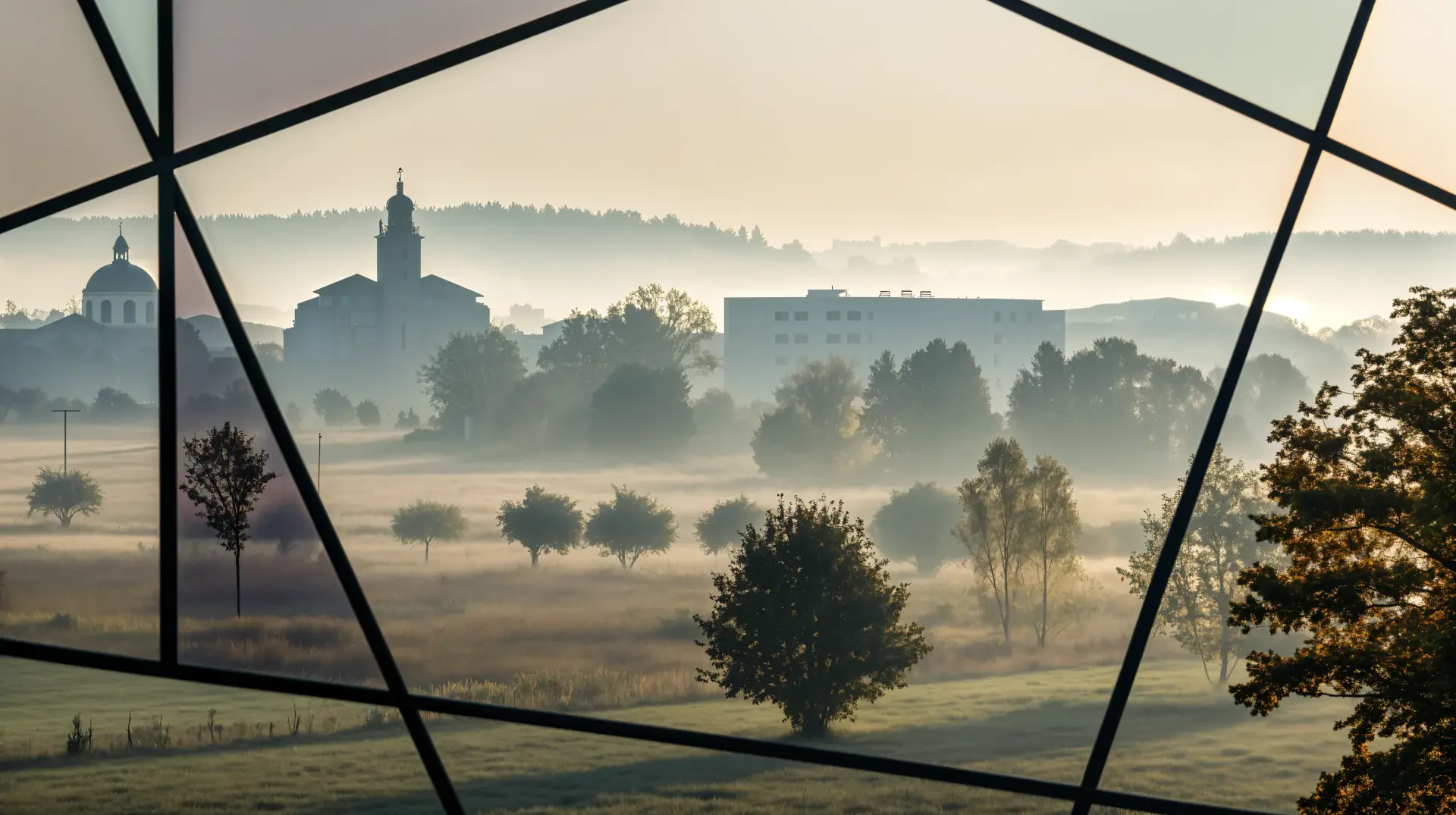 Foggy morning over misty fields and a village silhouette, seen through geometric window lines — 4K Ultra HD PC desktop wallpaper and background.