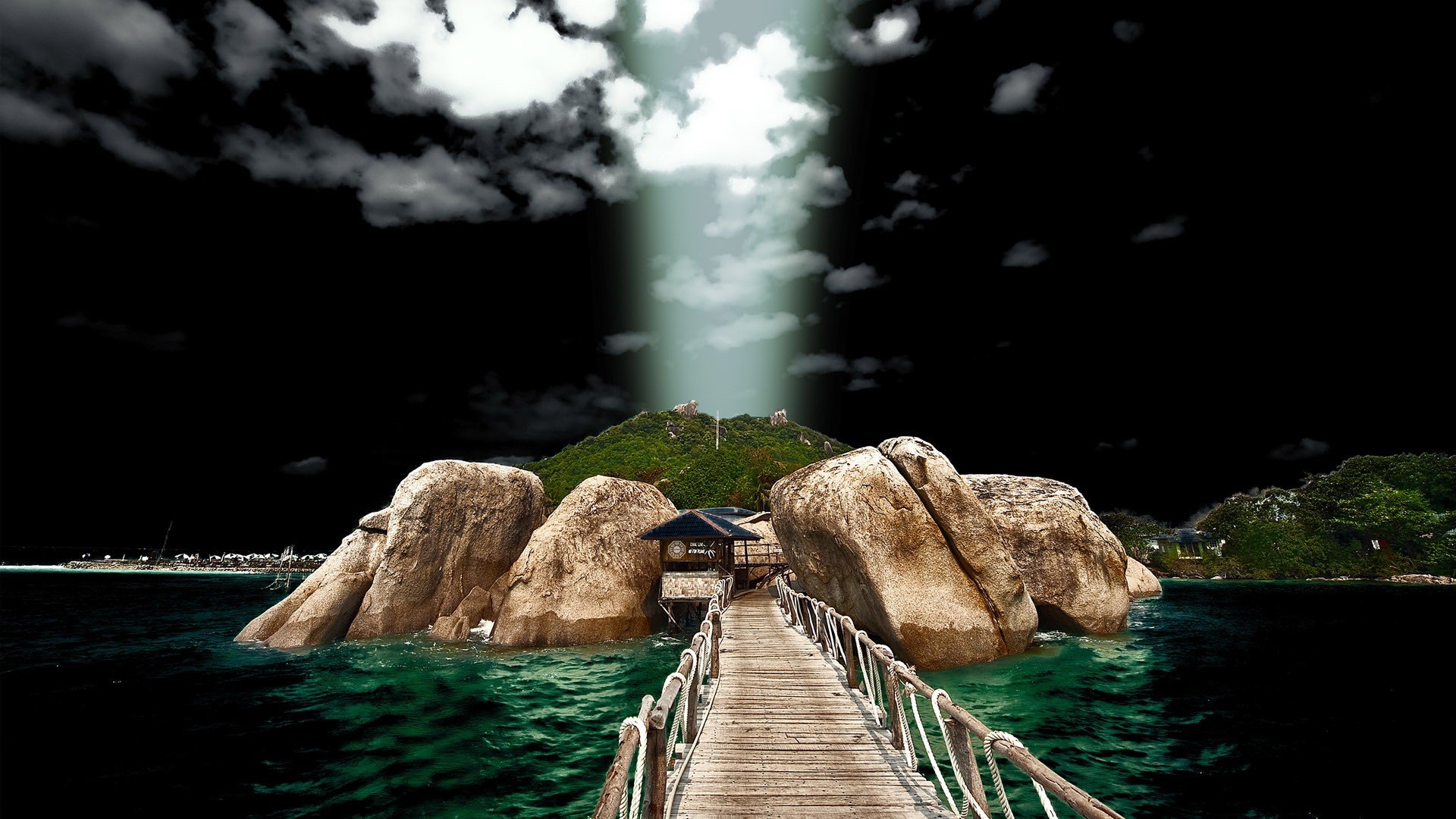HDR photography of a wooden bridge leading to a rocky island under a dramatic sky, designed as an HD PC desktop wallpaper and background.