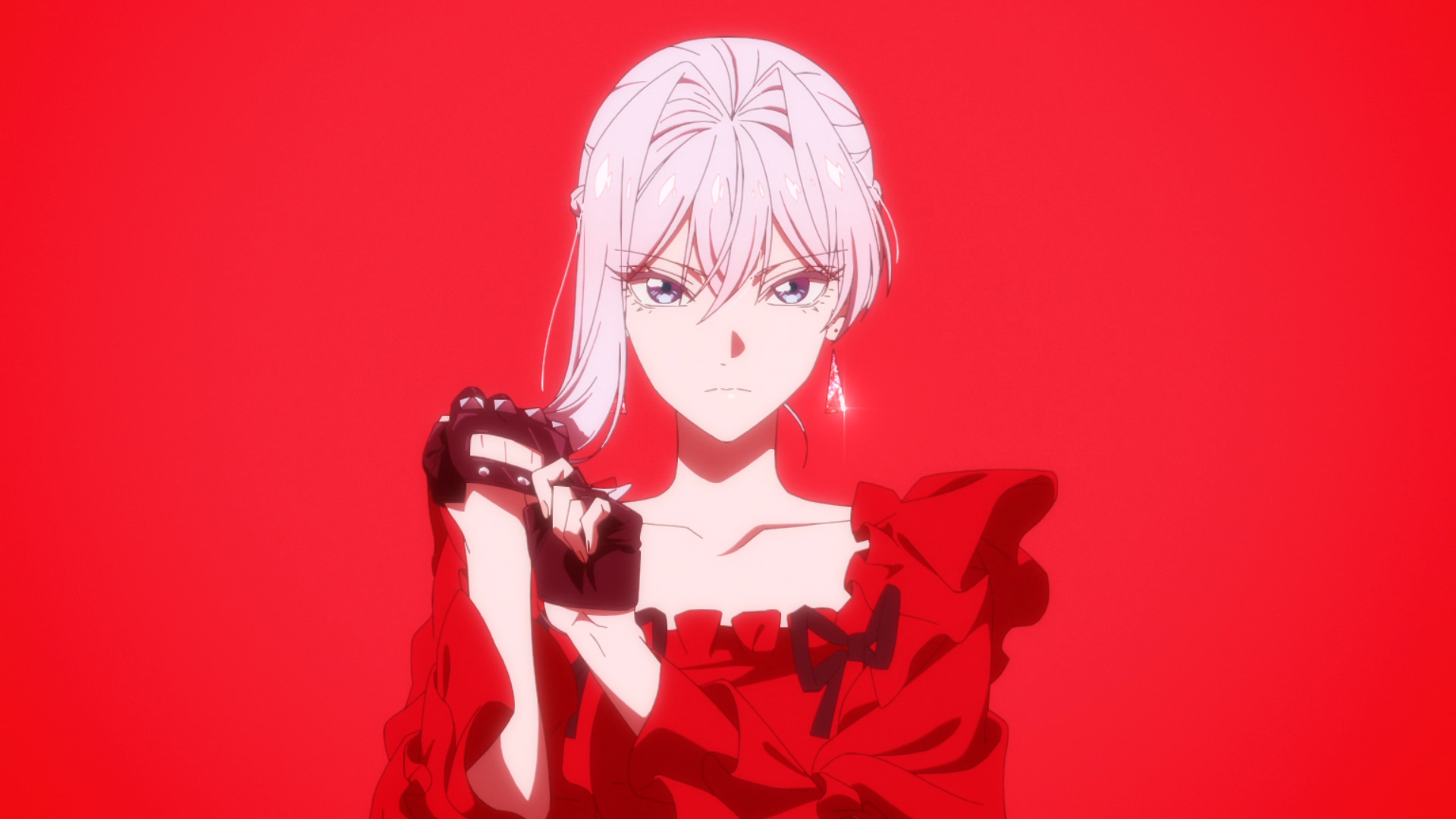 HD anime desktop wallpaper of Scarlett El Vandimion from May I Ask for One Final Thing?; she stands in a red dress against a red background, holding a black glove with a resolute expression.