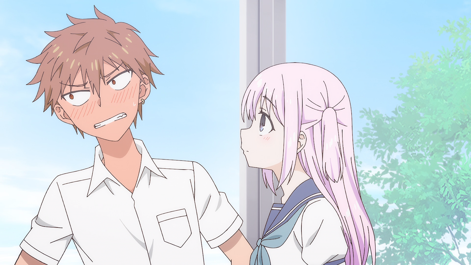 Anime HD desktop wallpaper of Kashiwada and Oota (Inexpressive Kashiwada and Expressive Oota): two school students by a sunlit window, one flustered and the other calm.