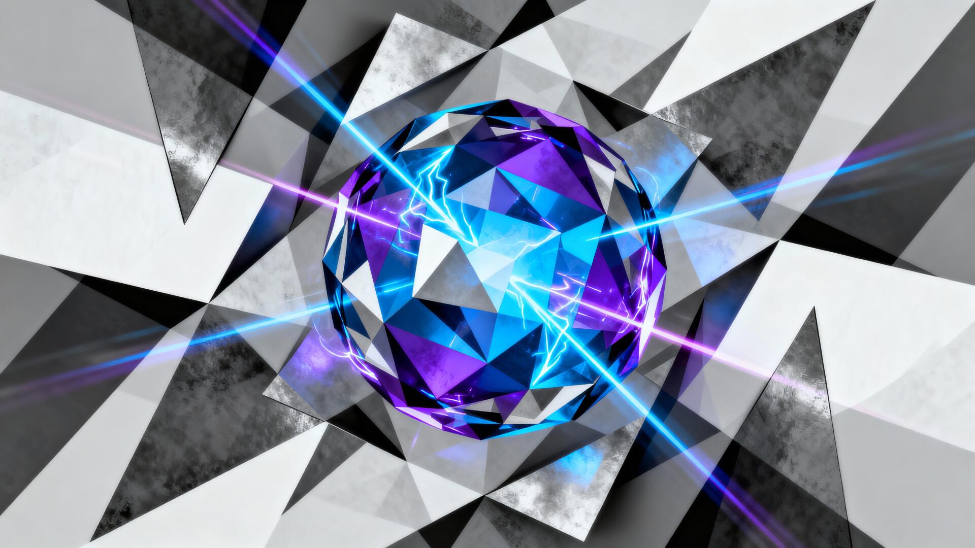 Faceted blue-purple energy orb emitting lightning beams over black-and-white geometric shards — 4K Ultra HD PC desktop wallpaper/background.