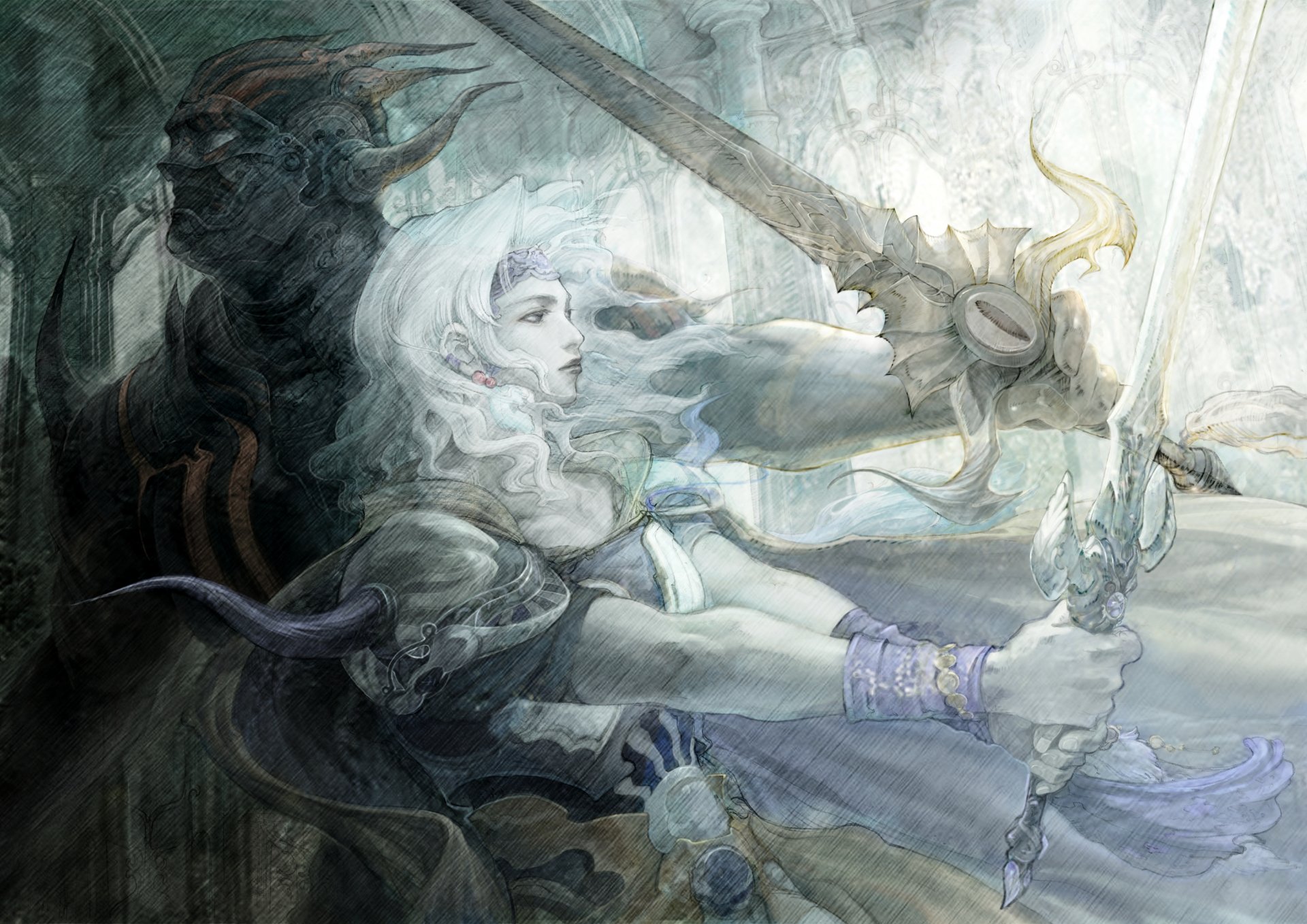 A fantasy artistic HD wallpaper depicting a determined character with flowing hair wielding a glowing sword, set against a mystical background.