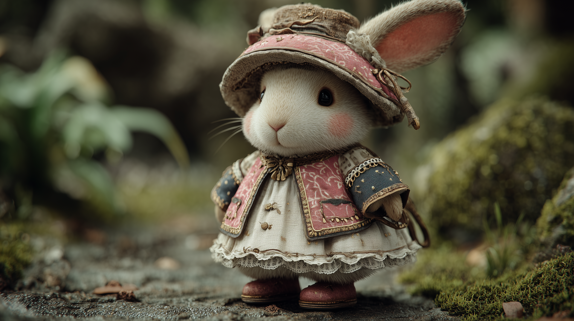 Cute AI art toy bunny in a vintage dress and hat standing on a mossy forest floor — a charming toy animals scene rendered as a 2K Quad HD PC desktop wallpaper/background.