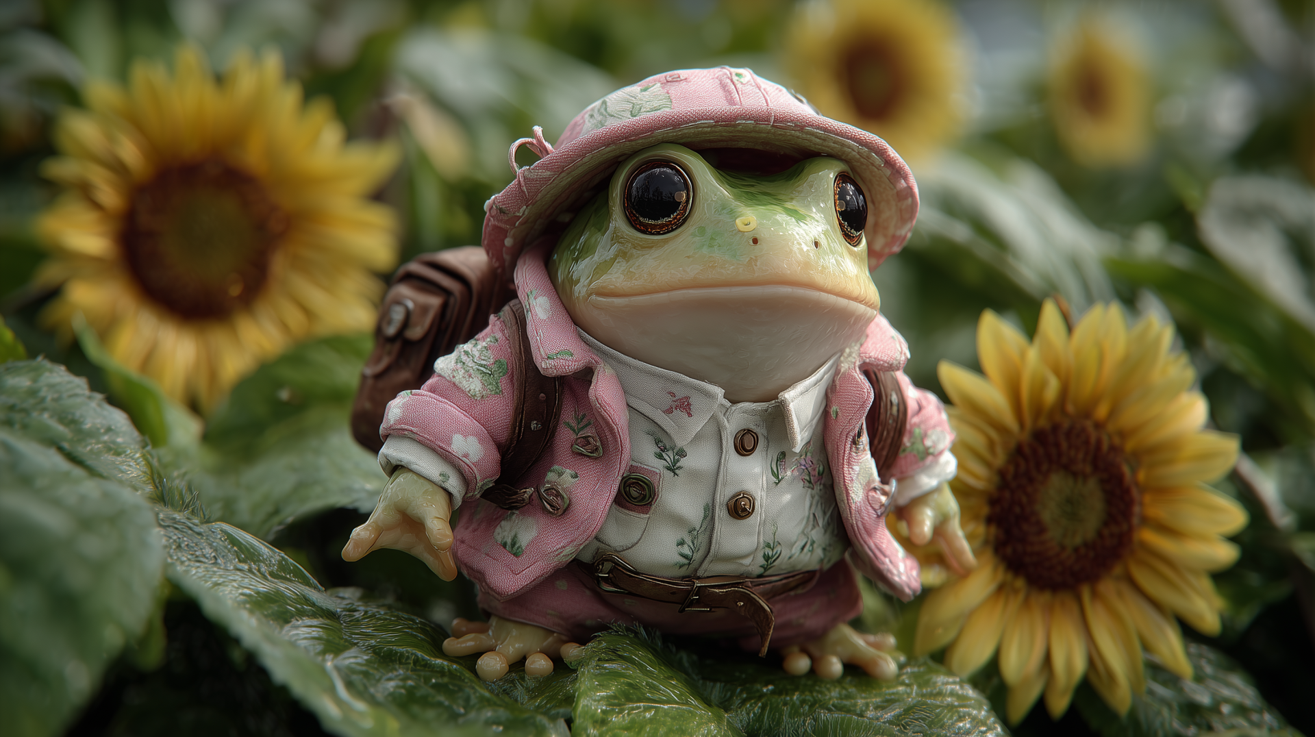 Cute AI art toy frog in a pink jacket and hat on a dewy leaf amid sunflowers — 2K Quad HD PC desktop wallpaper and background.