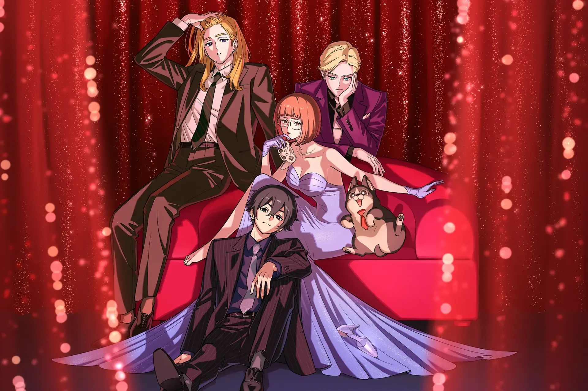 Anime Let's Play cast lounging on a red-curtained stage: three stylish adults and one in a gown on a sofa with a small dog, HD PC desktop wallpaper/background.