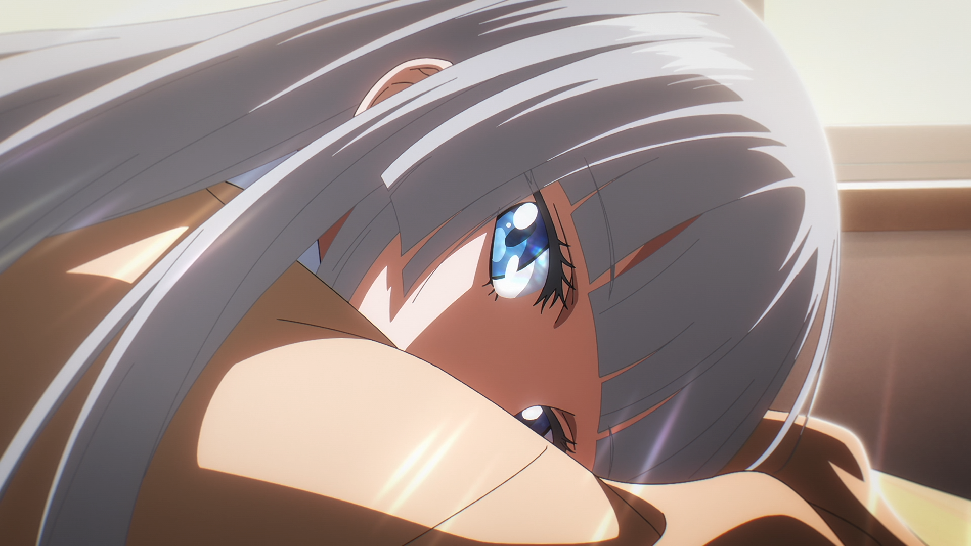 HD PC desktop wallpaper — Anime Wandance character Hikari Wanda close-up: silver hair and a bright blue eye peeking over her arm, warm sunlight casting soft shadows across her face.