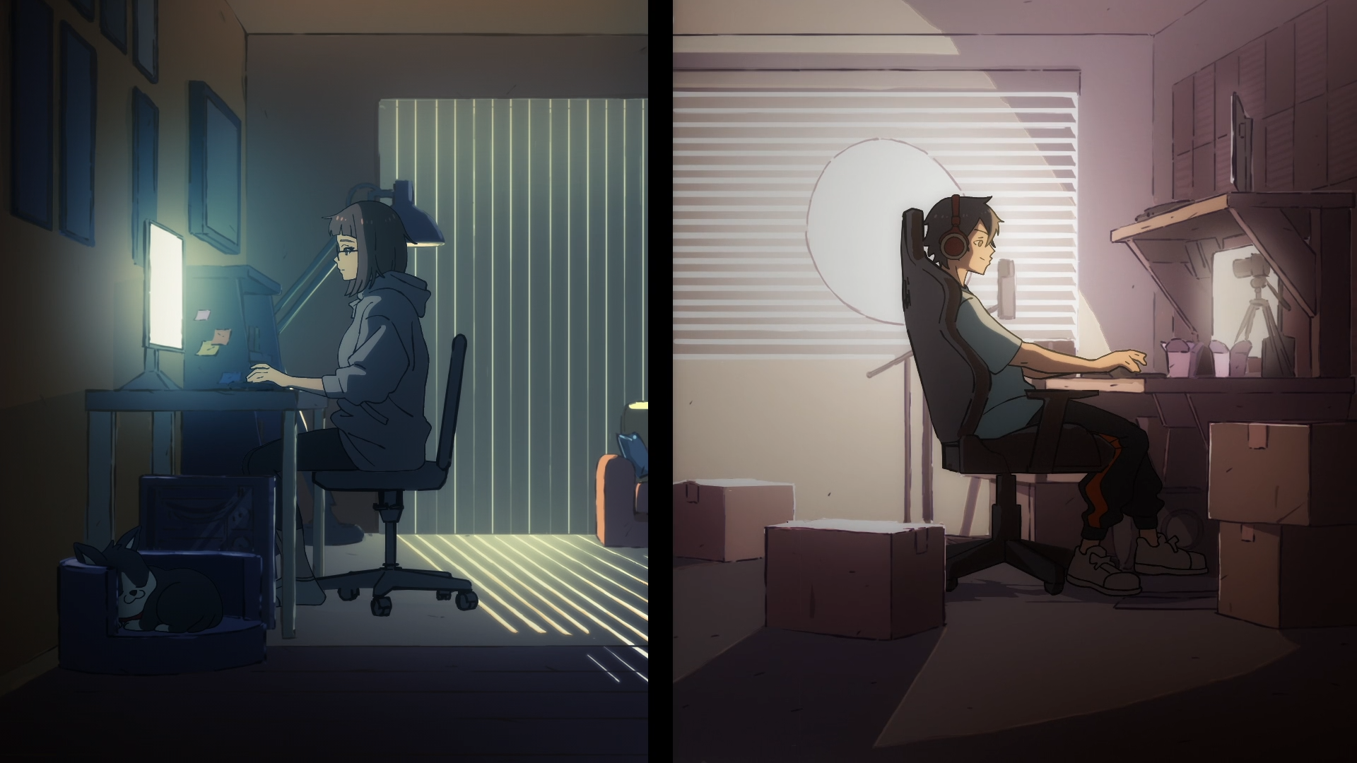 Split-screen anime HD PC desktop wallpaper showing Let's Play duo: Sam Young at a dim, bluish desk on the left and Charles Jones in warm light on the right, both focused at their monitors.