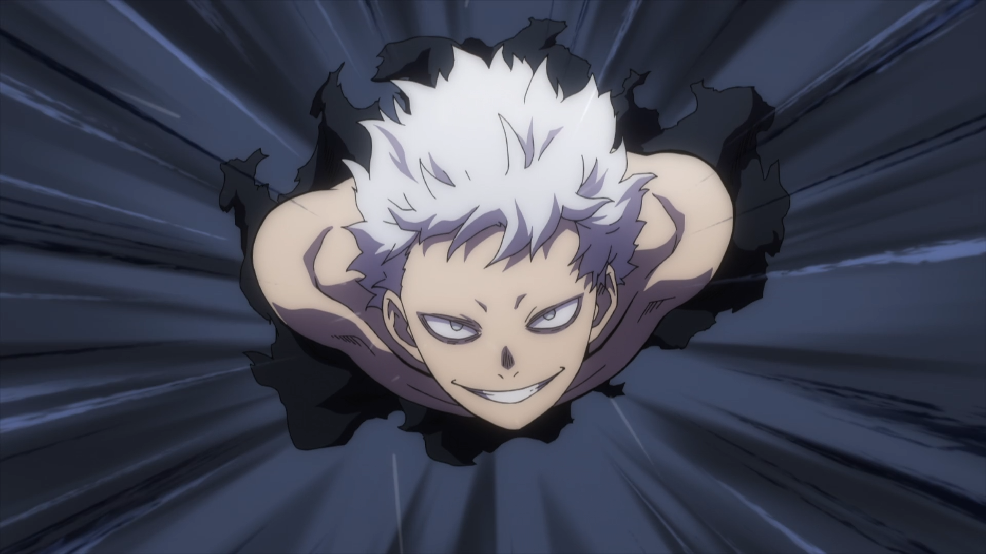 Anime HD PC wallpaper: All For One from My Hero Academia (Boku No Hero Academia) bursting through dark fabric, white hair and a sinister grin.
