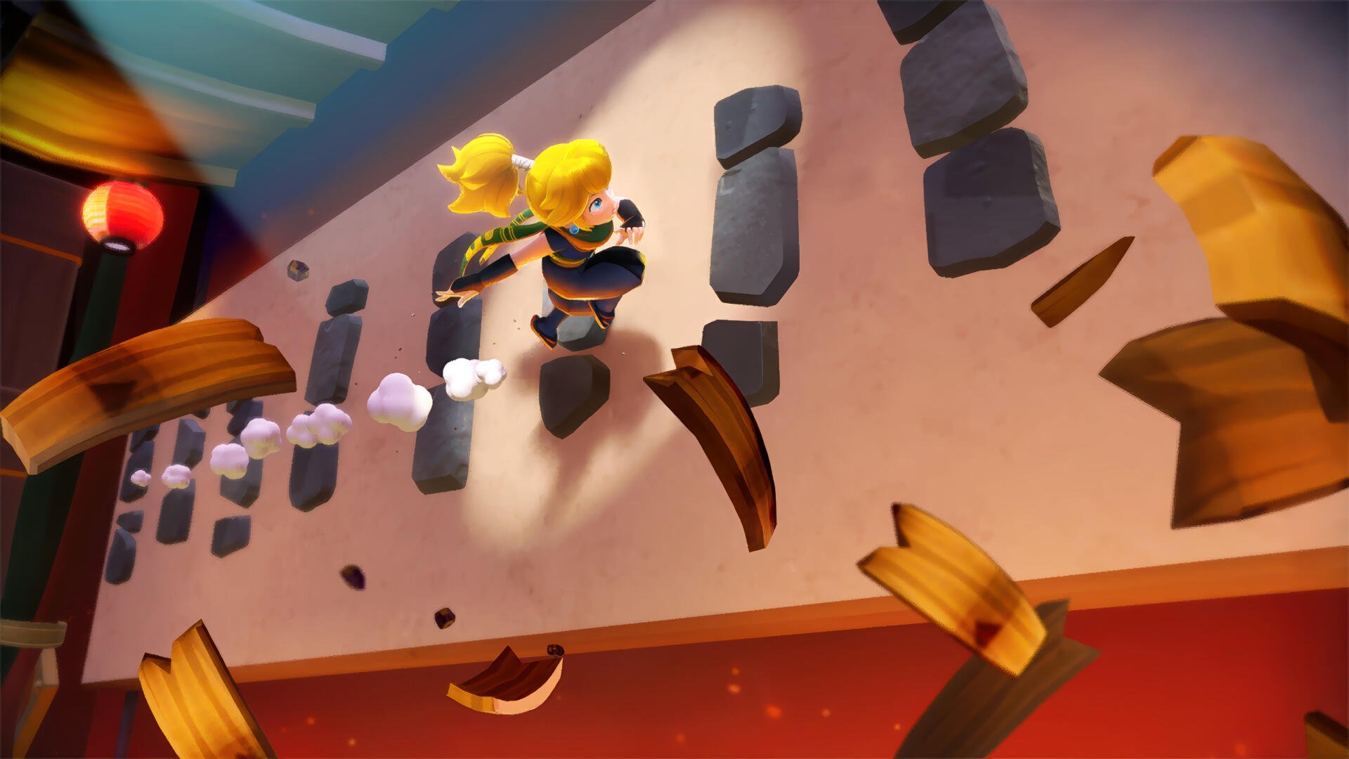 Princess Peach in a dynamic stage leap amid flying planks and stones — vibrant HD PC desktop wallpaper/background inspired by Princess Peach Showtime!