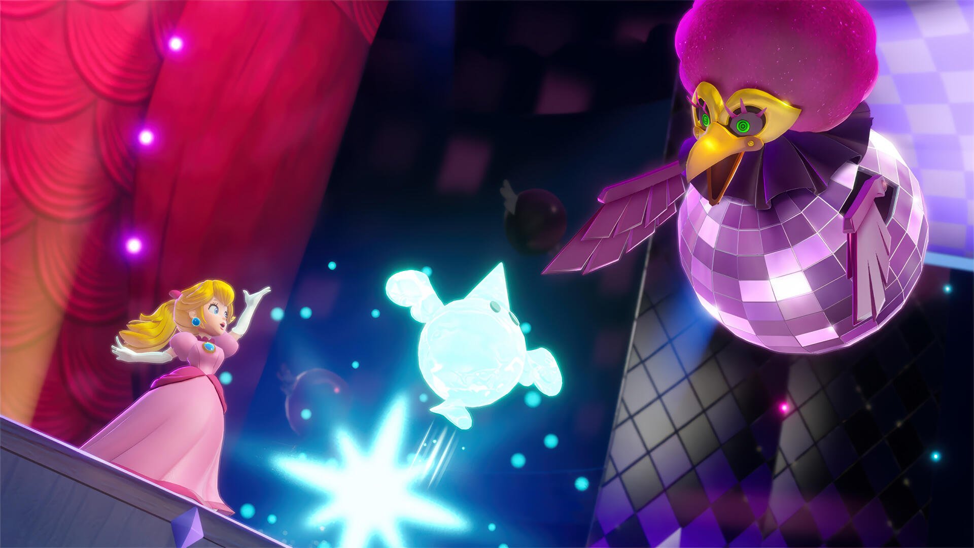 Princess Peach Showtime! HD PC desktop wallpaper: Princess Peach onstage reaches toward a glowing star spirit as a disco-masked, birdlike foe looms under purple spotlights.