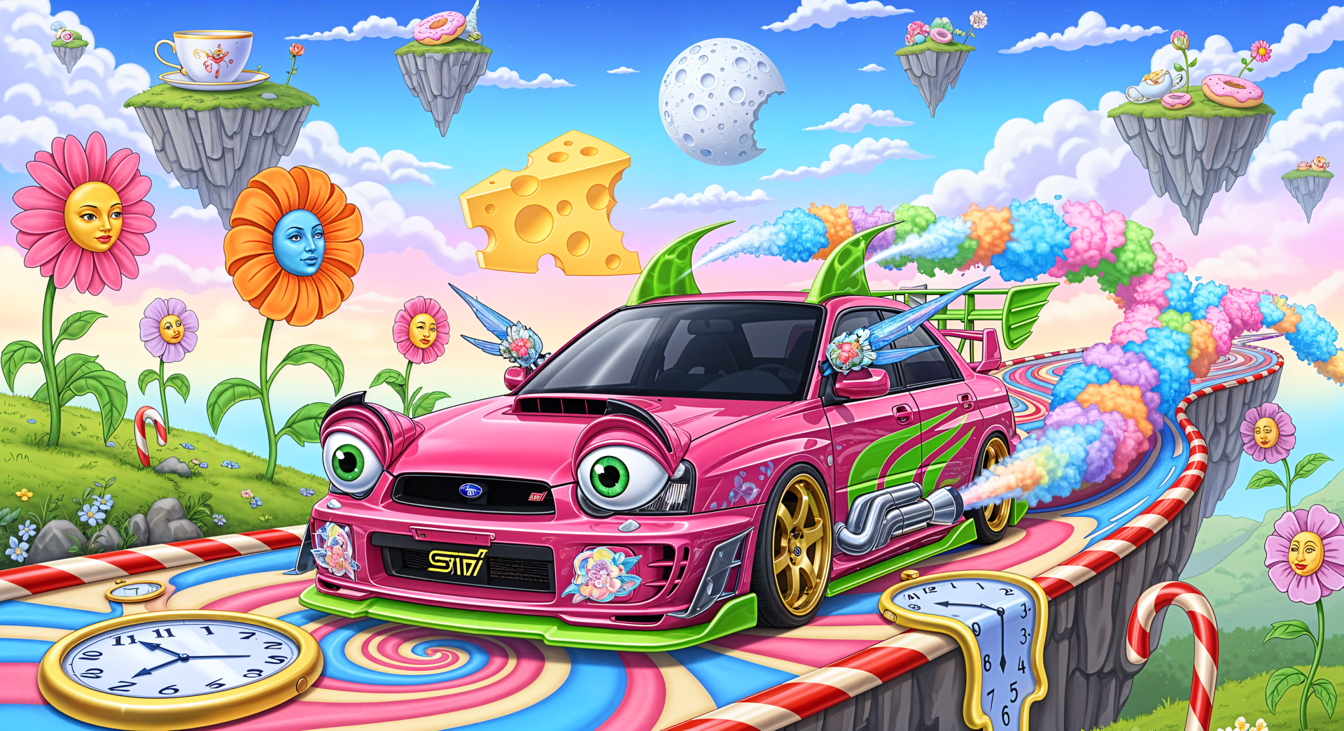Whimsical pink Subaru with cartoon eyes racing on a candy-striped track through surreal floating islands and sweets — vibrant 4K Ultra HD PC desktop wallpaper/background.