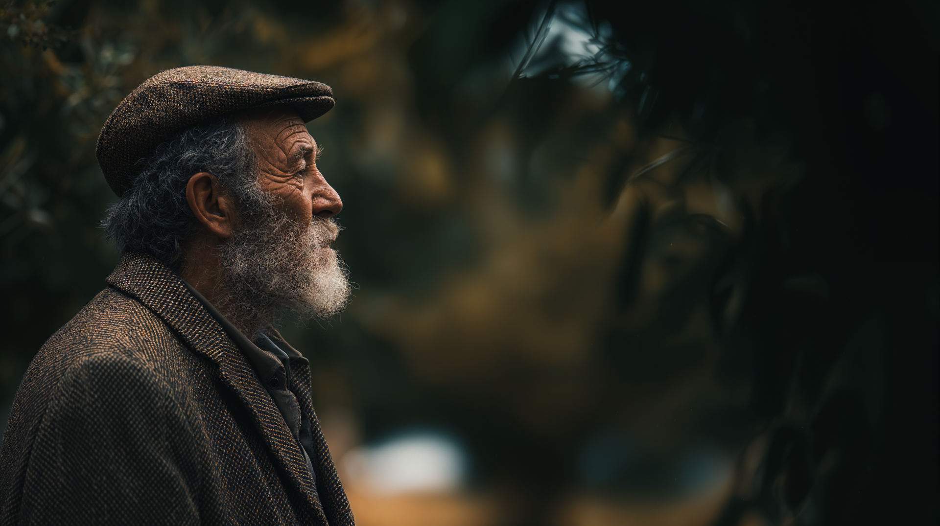 Profile of an old bearded man in a cap and tweed coat against a soft, blurred outdoor backdrop — 4K Ultra HD PC desktop wallpaper and background.
