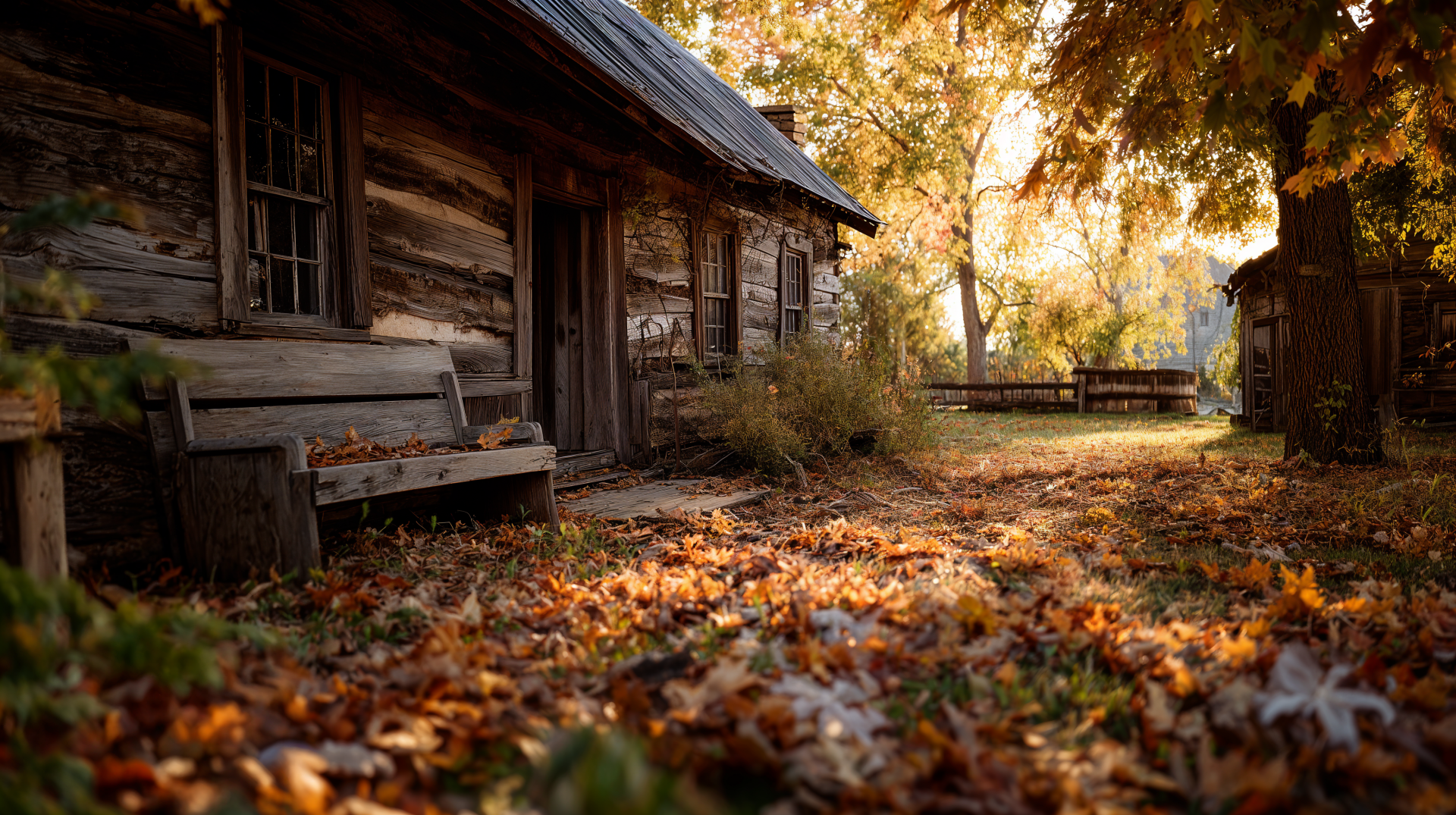 Rustic fall scene by a weathered log cabin: sunlit trees, fallen leaves and a wooden bench — 4K Ultra HD PC desktop wallpaper and background.