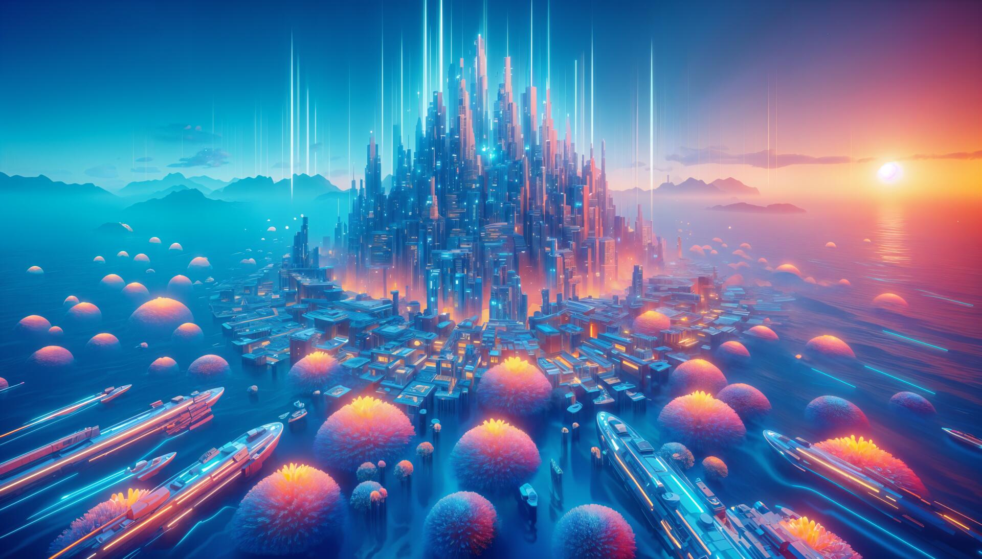 4K Ultra HD PC desktop wallpaper and background: neon futuristic city rising on an island, glowing domes and sleek ships approaching through a vibrant cyan-orange sky.